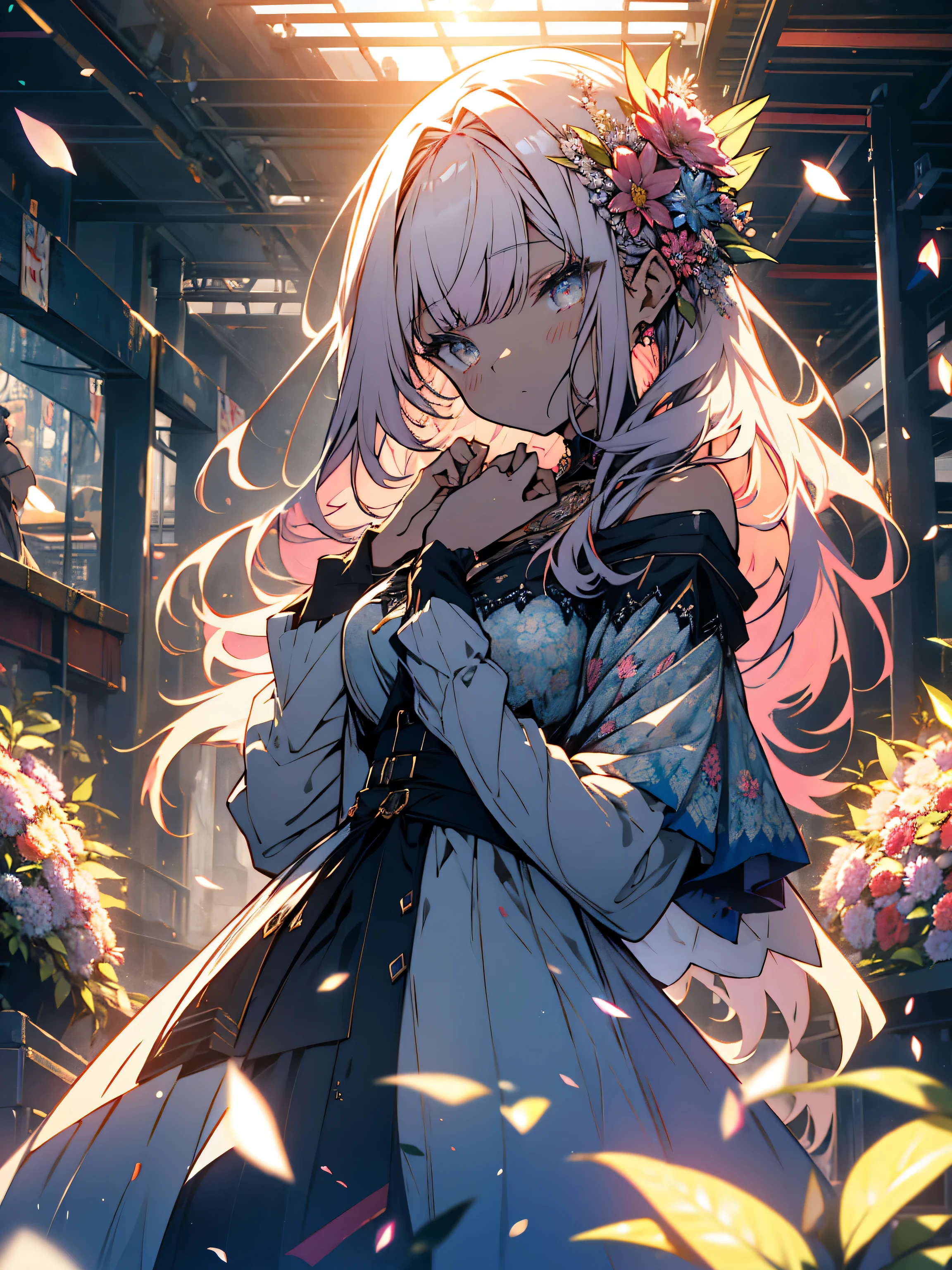 (very be familiar with anime、 8k wallpaper), lit, sea of flowers, flowers, (1 girl), whole body,(off shoulder dress、A lot of floral decorations)、 K-POPアイドル,colorful colors、bright atmosphere、(beautiful anime)、cute、(highest quality、masterpiece、High resolution、be familiar with)、(shining eyes、be familiar with美しい顔)、Illuminated by bright sunlight