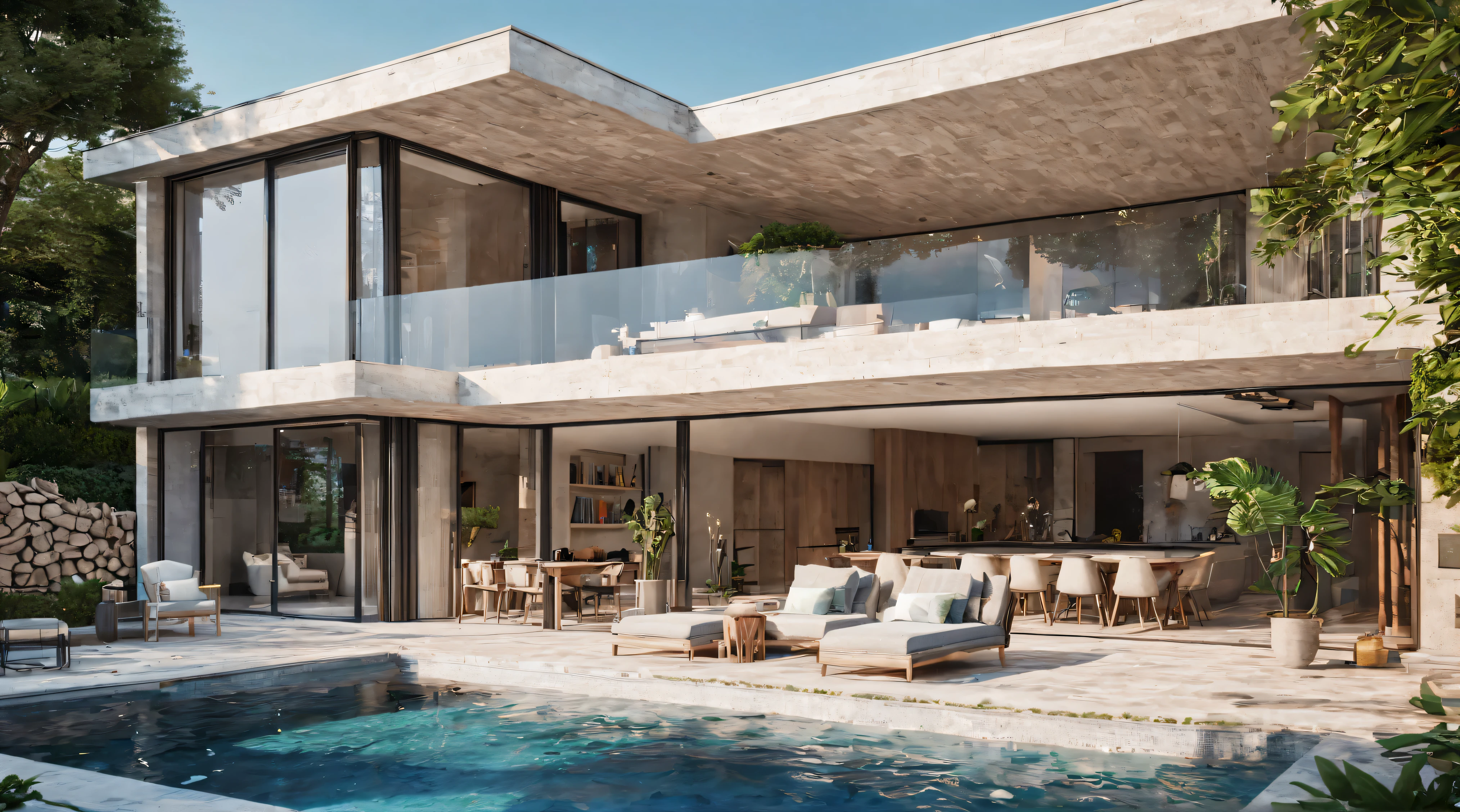 arafed view of a living room with a pool and a patio, 3d rendering, 3 d rendering, detailed render, detailed rendering, 3 d render, 3d render, stuning 3 d render, architecture render, in style of 3d render, 3 d finalrender, 3d finalrender, render 3 d, inter dimensional villa, realistic render