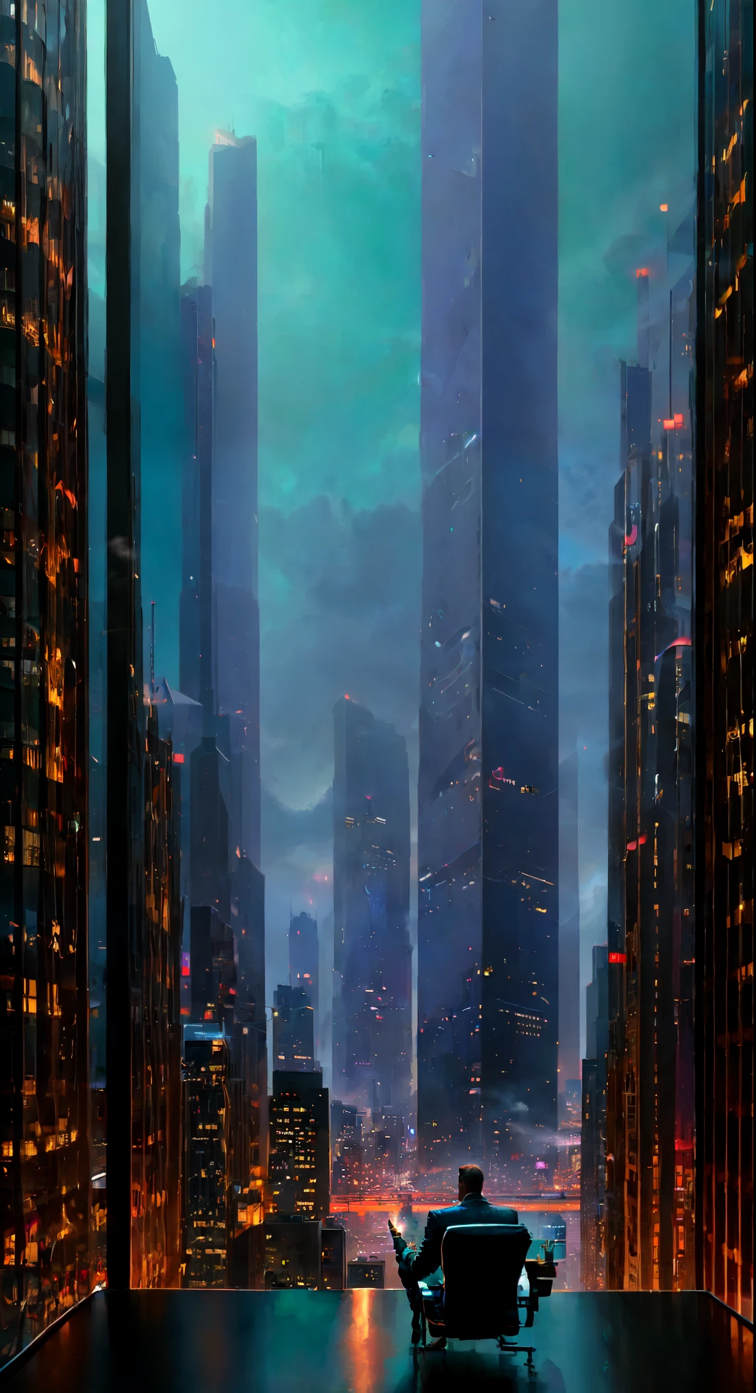 a skyscraper office in the big city, the cyborg man sits in a luxurious chair and holding a smoking cigar in his hand, high quality, absurdres, masterpiece, beautiful, intricate details, 1/2 body crop, slim body, beautiful figure, magnificent anatomy, (intricate details:1.12), HDR, (intricate details, hyper-detailing:1.15), (natural skin textures, hyper realisitc, soft light, Sharp:1.2)