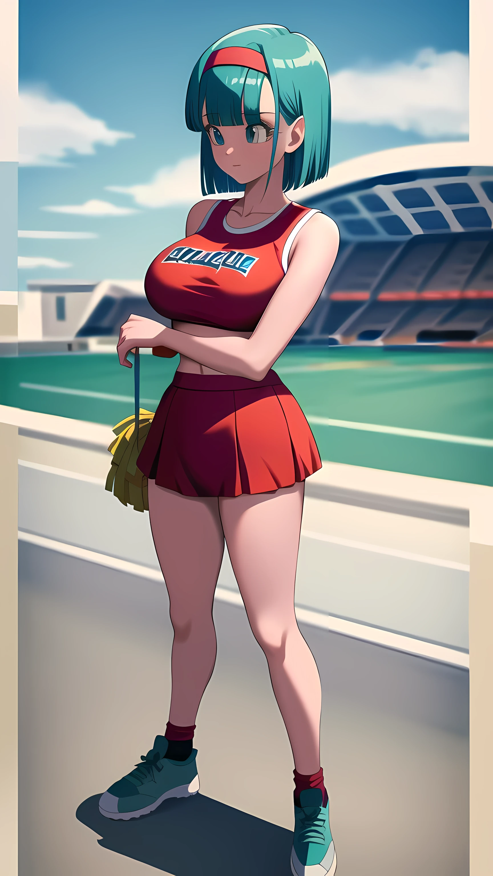masterpiece, (cheerleader outfit), football stadium, pum-pums, best quality, highres, dragon ball, blmmid, aqua hair, medium hair, blunt bangs, red hair band, huge breasts, at the beach, standing, full body