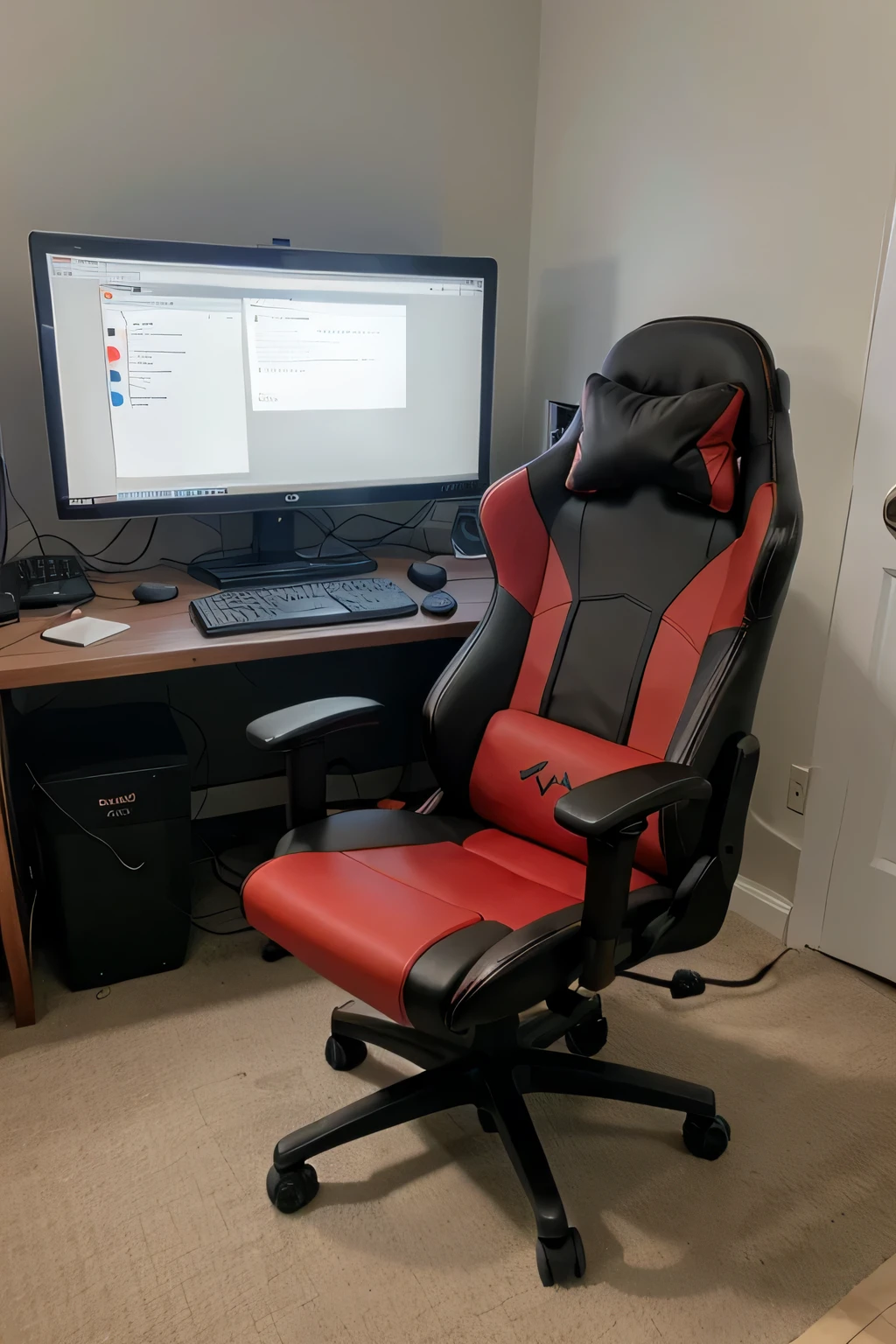 Make a red gaming chair next to a PC 