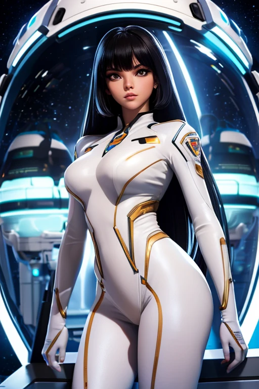 Best quality, 8K, woman space retro futurism, beautiful and detailed face, black straight long hair, bangs,big eyelashes,LOOKING TO observer,TRANSPARENT white leotard,LIGHT TAN pantyhose, sci-fi RETRO SPACESHIP scenario