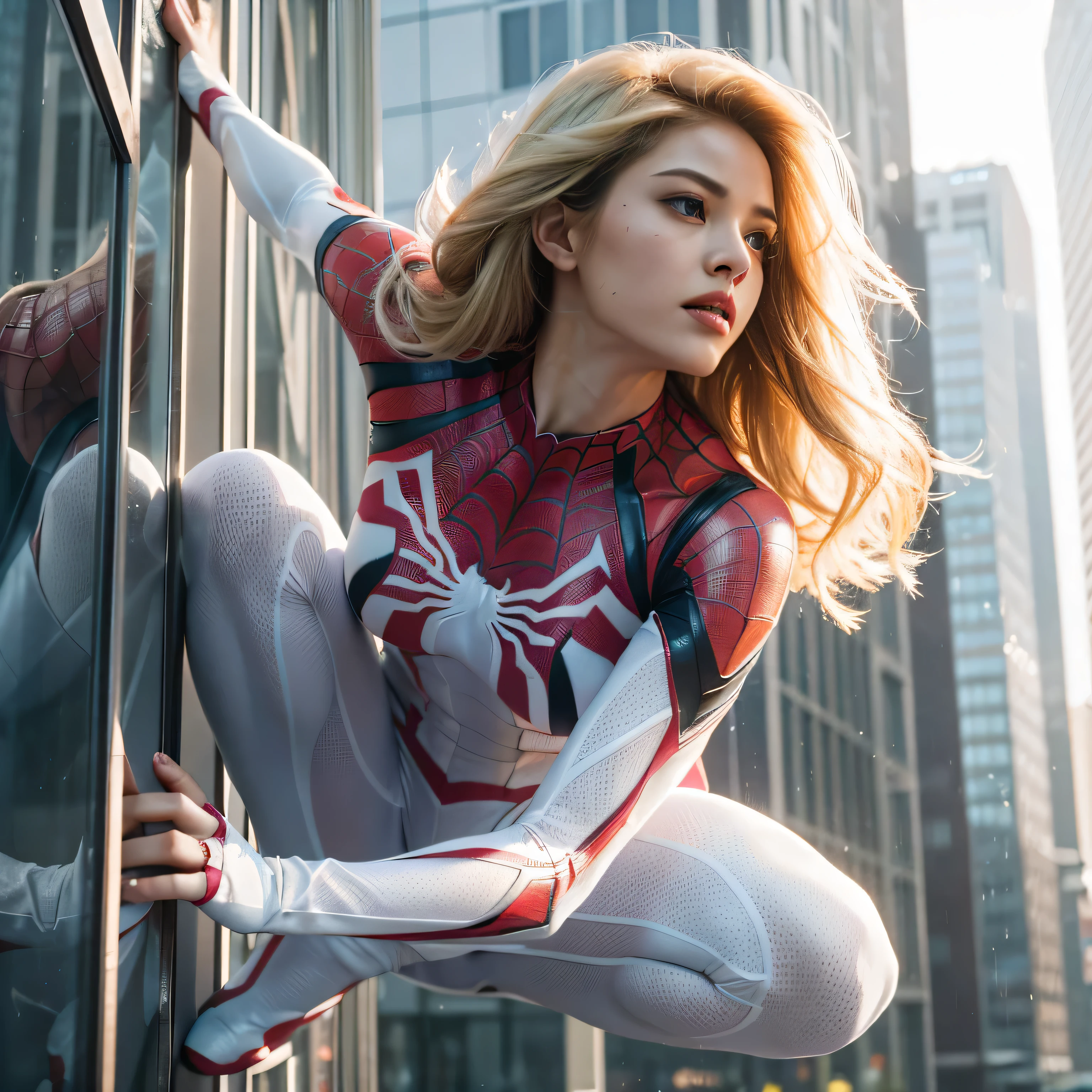 A cinematic photography real image of Spider-woman wearing white and pink suit , with detailed textures and lighting, scaling the side of a glass building with agility and precision , with the addition of blonde hair flowing and a beautifully detailed face, enhancing the character's aesthetic appeal amidst an urban backdrop. (( during night with rain and beuatiful city light ))