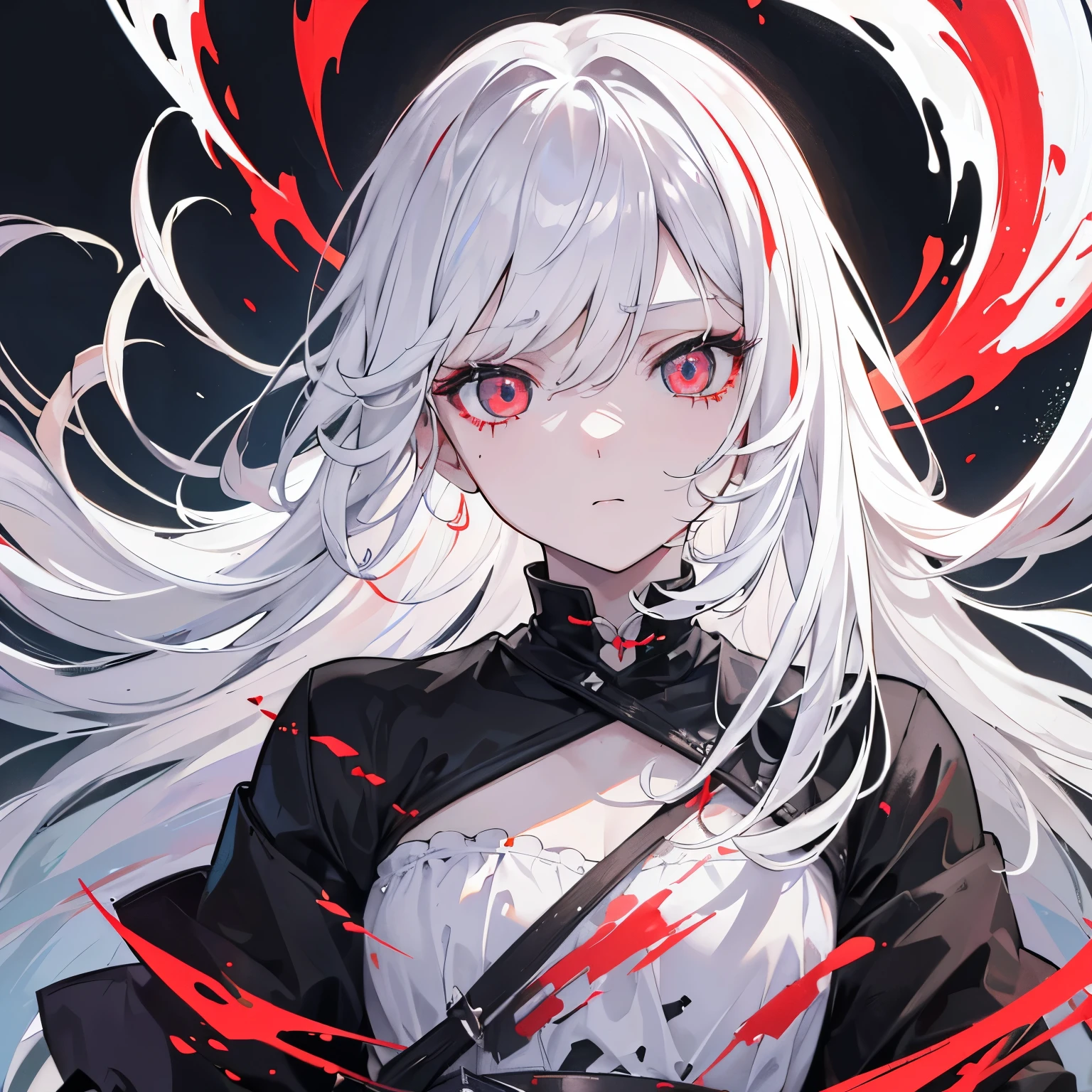 1 girl, incredibly high resolution, masterpiece, very detailed, realistic, long white hair, (black eye), sharp face, clear eyes, scary face, thin, small, young, (Shining white), (black cracks on the skin), A wave of red power flows, looking at the viewer, mid shot, amazing, intense