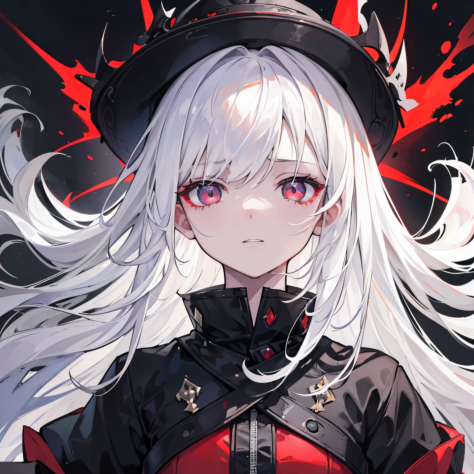 1 girl, incredibly high resolution, masterpiece, very detailed, realistic, long white hair, (black eye), sharp face, clear eyes, scary face, thin, small, young, (Shining white), (black cracks on the skin), A wave of red power flows, looking at the viewer, mid shot, amazing, intense