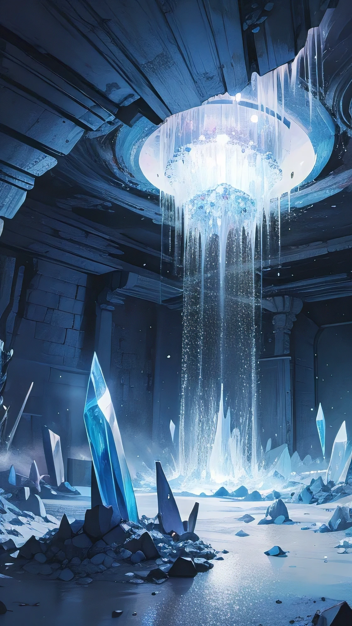 Underground cave with sparkling chunks of crystal, Clumps of crystals piled up here and there, deep underground battle