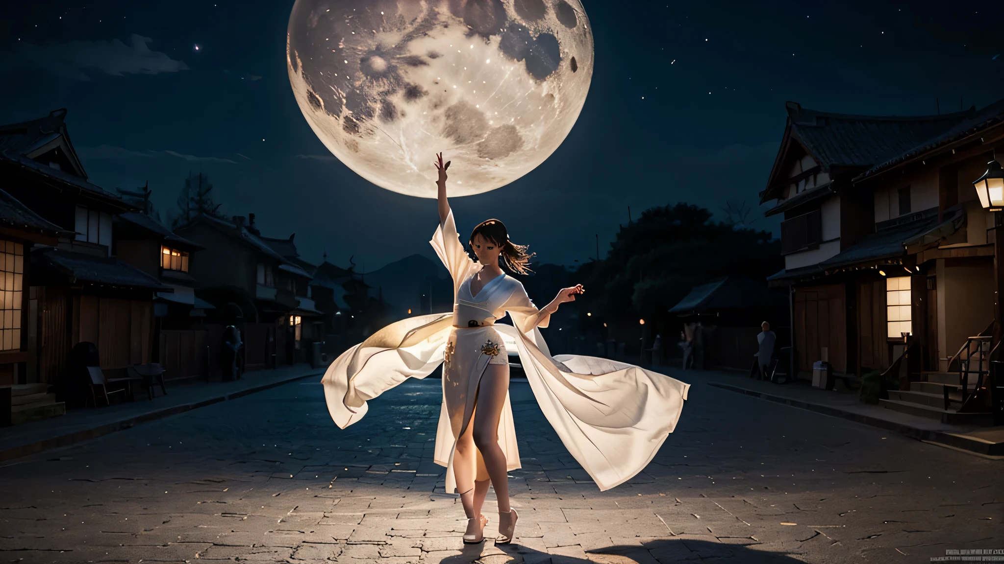 odd eye、Wearing a gorgeous white kimono、Infinitely low exposure、8ｋanime artwork、Background Ancient capital、moonlit night background、dance、delicate、An illustration、dance、wonderful、beauty of japan