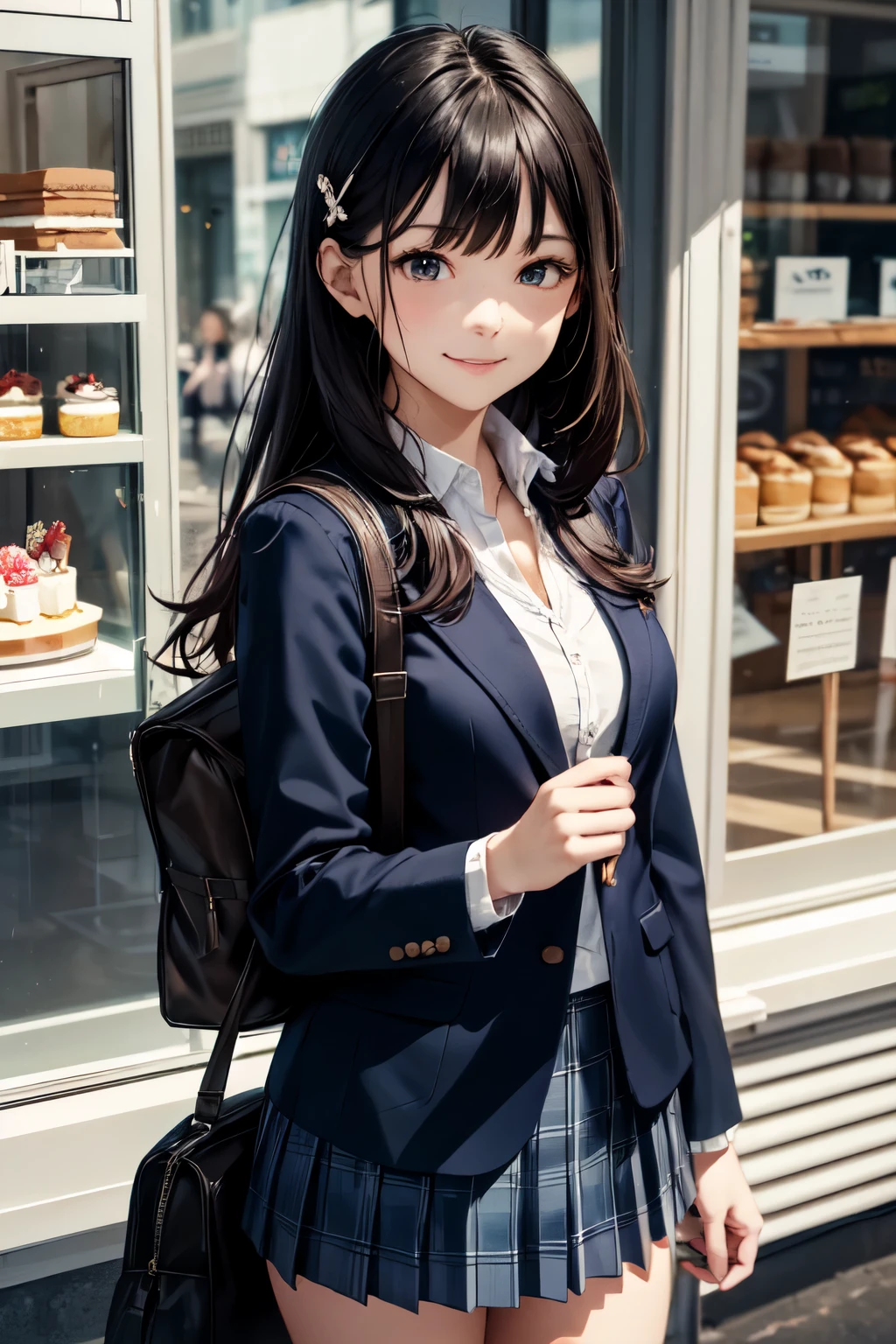 very cute and beautiful girl,(highly detailed beautiful face and eyes:1.2), (blue blazer school uniform, pleated kirt fluttered in wind,white panties),standing in front of cake shop show window, (smile:1.2),happy,cowboy shot,holding school bag,hair pin,black hair,downtown street, (best quality,masterpiece:1.2),absurdres,highres,ultra-detailed,extremely detailed,32k,8k resolution, intricate details,cinematic scene,detailed background,solo,dynamic angle,hair fluttering in the wind,