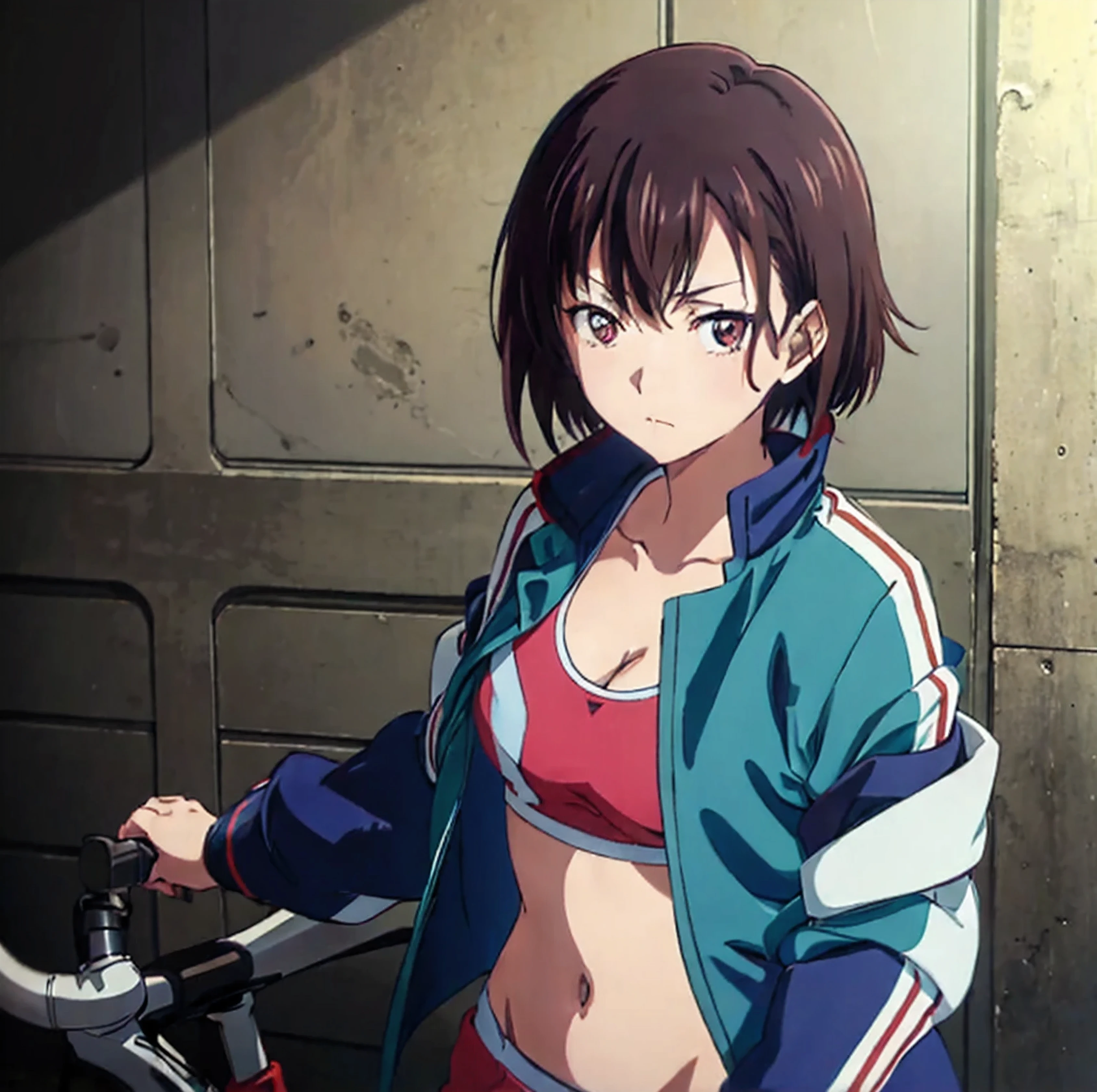 Moderate:illustration,paint,actual,Beautiful and detailed eyes and face,brown hair,short hair,open jacket,blue jacket,solemn expression,alone,looking at the audience,lid,Athletic,holding a bicycle,peaceful atmosphere,table with objects