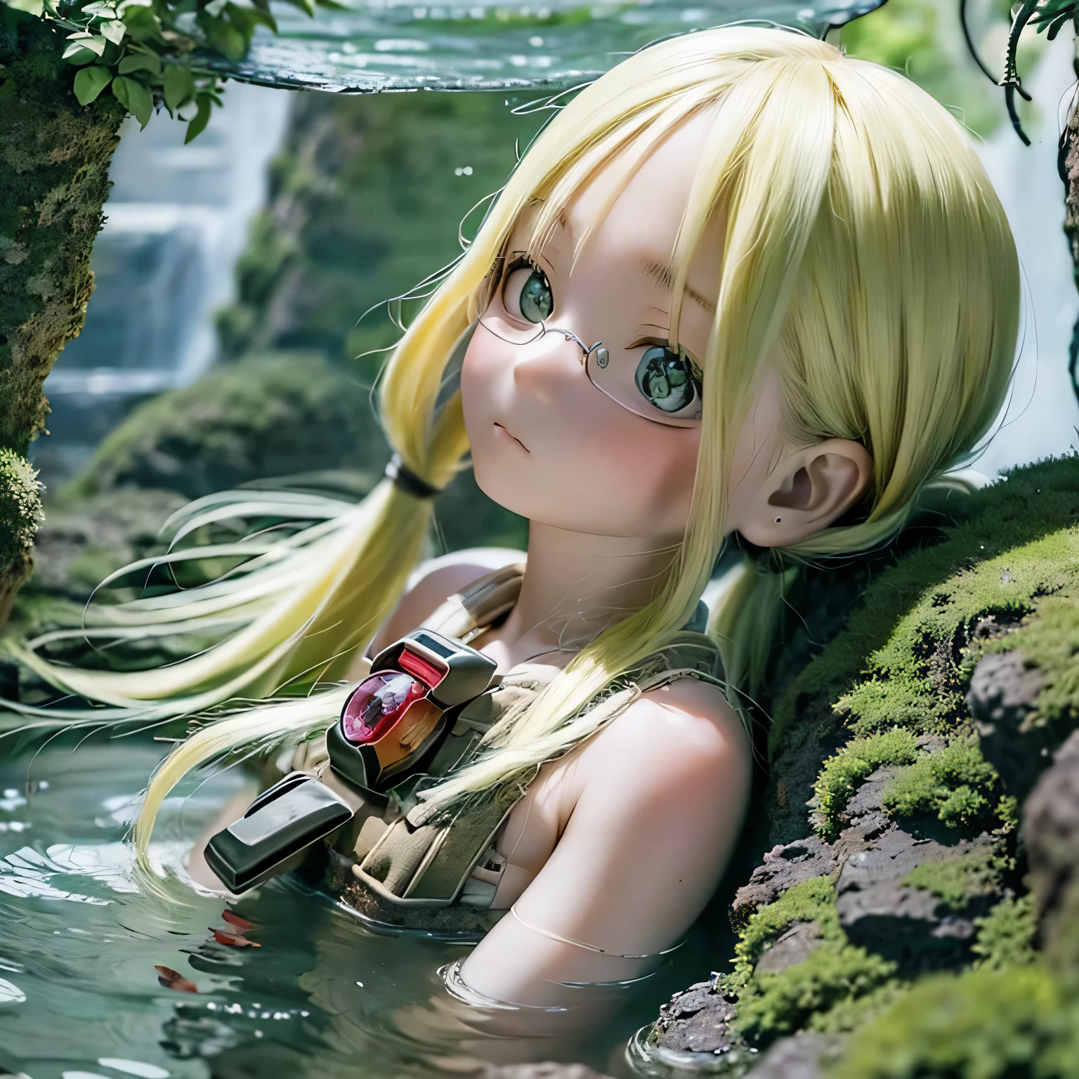 Rico, Made in Abyss, Black rim, nude, Take a large open-air bath, masterpiece:1.2, Super detailed, realistic:1.37, HDR, color grading, soft lighting, underwater landscape, mysterious atmosphere, shining crystal, lush plants, Natural light, quiet atmosphere, gentle surface, Carbonated water, subtle ripples, Gentle steam rises, Complex character design, expressive eyes, complicated hairstyle, delicate skin texture, realistic water droplets, calm expression, Bright colors, fantastic shine, fascinating composition, amazing depth, dynamic pose, immersive experience, Mysterious story development, Captivating visual storytelling, Complex background details, realistic texture, Immersive world building, Breathtaking depth of field.