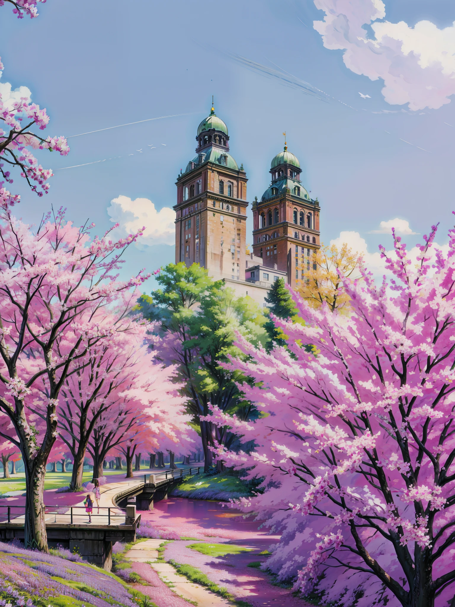 Painting of a bunch of trees that are in the grass, spring season city, pink trees, tall purple and pink trees, cherry blosom trees, springtime vibrancy, central park, flowers and trees, cotton candy trees, magenta trees, iphone video, purple flower trees, parks and gardens, smartphone footage, parks and public space, by Dave Arredondo, 4k hd,, beautiful art uhd 4 k, a beautiful artwork illustration, beautiful digital painting, highly detailed digital painting, beautiful digital artwork, detailed painting 4 k, very detailed digital painting, rich picturesque colors, gorgeous digital painting