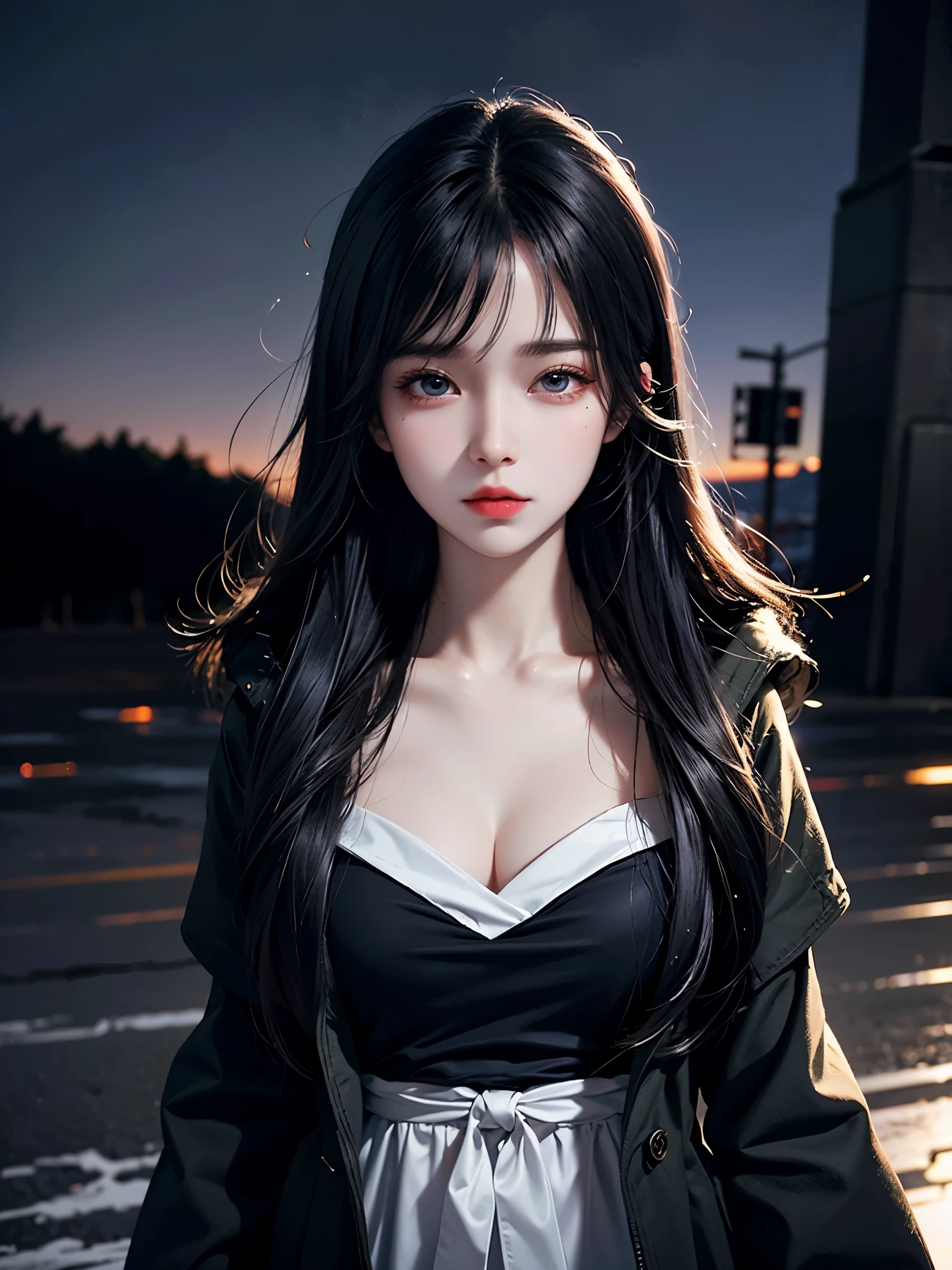 beautiful girl,With realistic dark eyes, White skin, medium length black hair, perfect face, perfect eyes, wearing coat, Very detailed, Comprehensive movies, number, 8K, movie lighting, best quality, High resolution, detailed work, post processing, perfect result, surreal