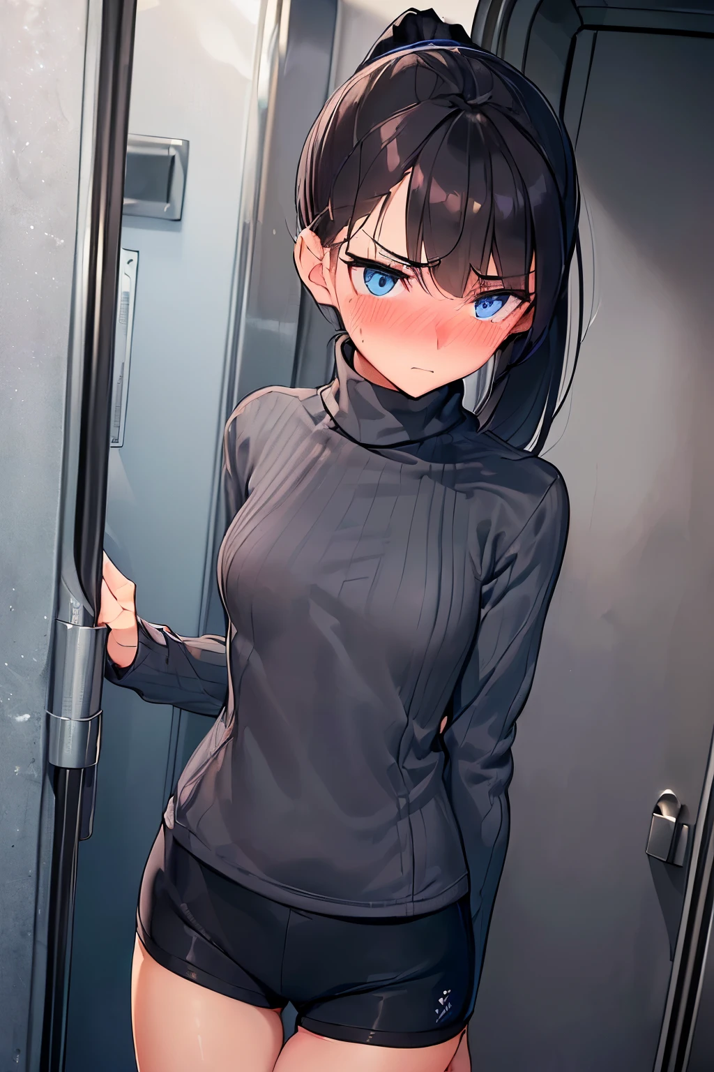 ((best quality)), ((masterpiece)), (detailed), (((perfect face))), ((slender  girl standing in fancy elevator)), (((wearing grey wool turtleneck pullover, short black cycling shorts))), ((brunette)), ((ponytail)), (((blue eyes))), ((shy:1.3)), ((blushing:1.5)), ((skinny thighs)), ((skinny hips)), (((girl looking away))), (((shy arms)))