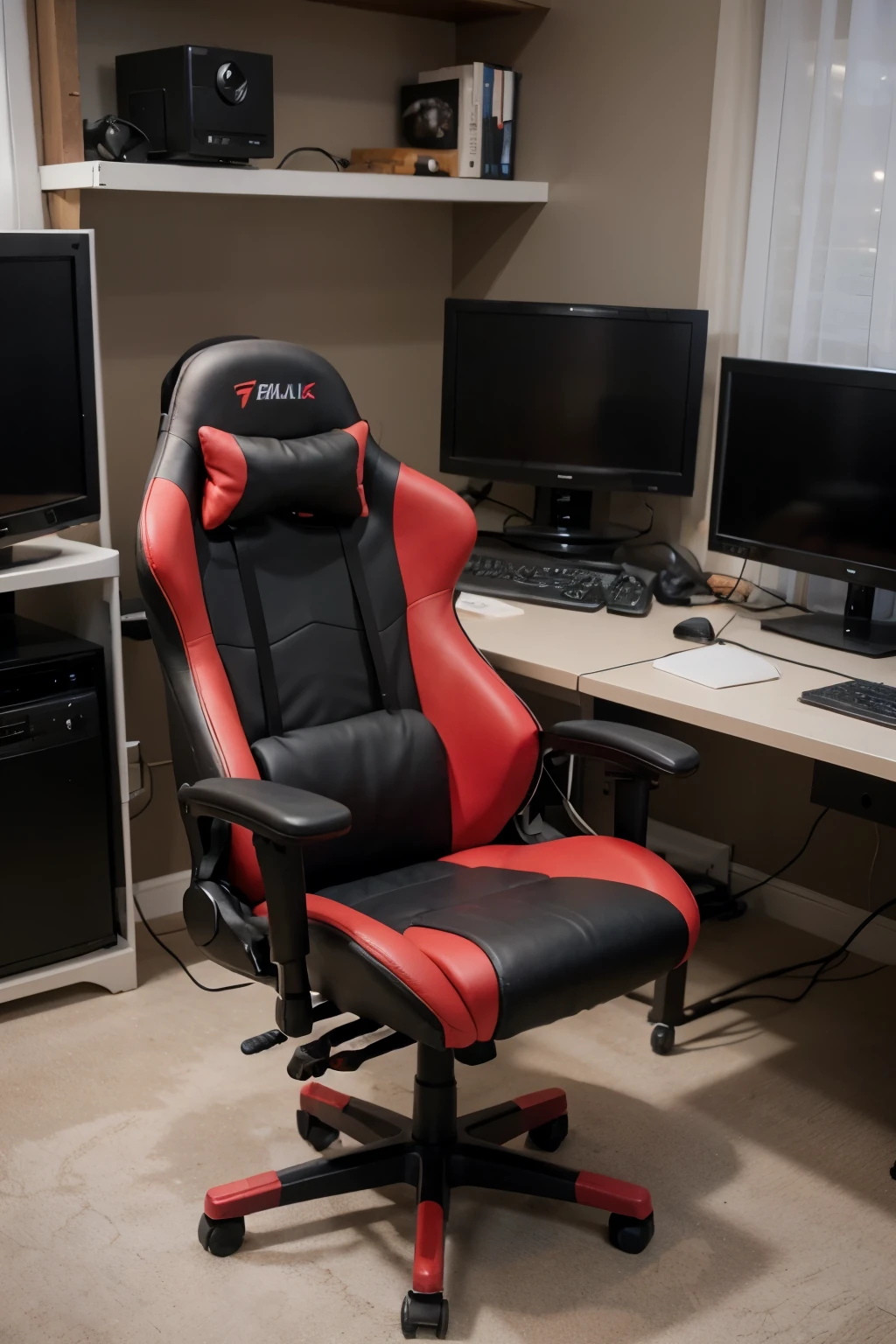 Make a red gaming chair next to a PC but make the chair red