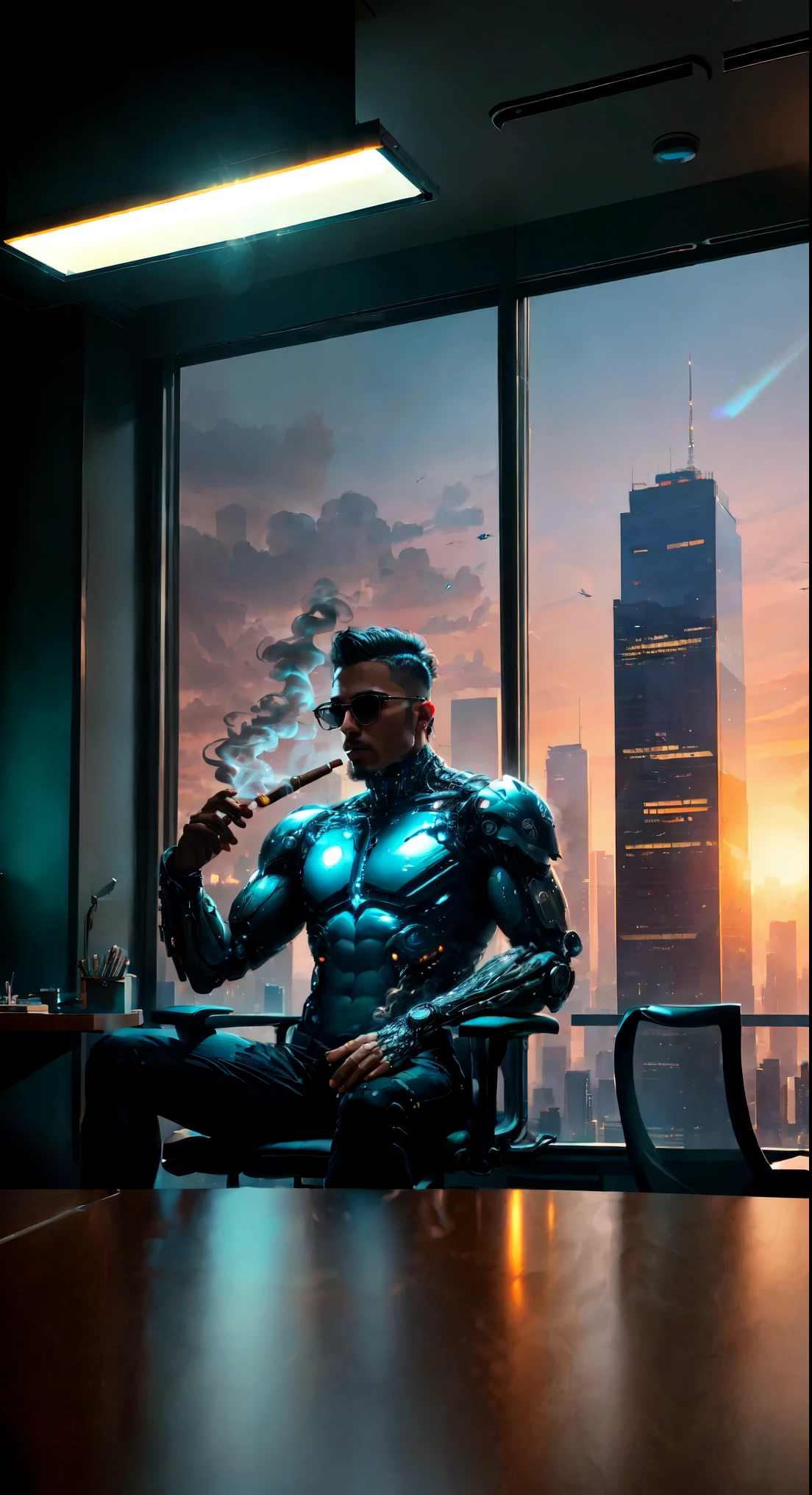 a skyscraper office in the big city, the cyborg man sits in a luxurious chair and holding a smoking cigar in his hand, high quality, absurdres, masterpiece, beautiful, intricate details, 1/2 body crop, slim body, beautiful figure, magnificent anatomy, (intricate details:1.12), HDR, (intricate details, hyper-detailing:1.15), (natural skin textures, hyper realisitc, soft light, Sharp:1.2)
