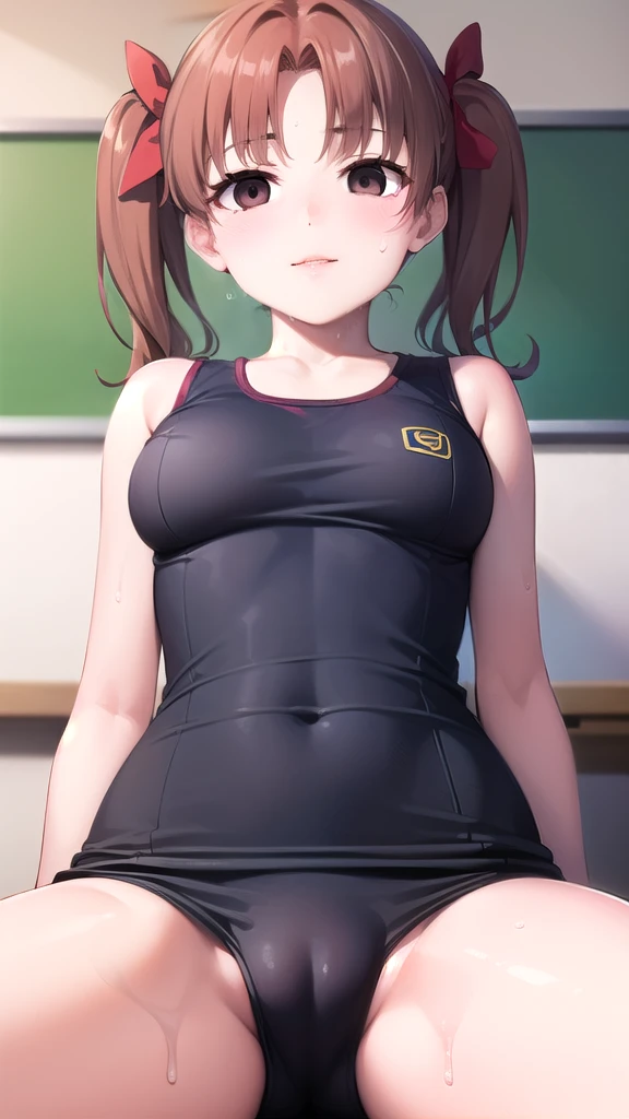 kurokoshirai, kuroko shirai, brown hair, long hair, (parted bangs), (brown eyes), Ringlet, twin tails, hair bow, bow, red bow, (big breasts),
break,Wearing wet gym clothes and bright red bloomers, twin tails、
break looking at viewer, , whole body,
break indoors, classroom,
break (masterpiece), highest quality, High resolution, unity 8k wallpaper, (shape), (fine and beautiful eyes), highly detailed face, perfect lighting, Very detailed CG, (perfect hands, perfect anatomy),(A smile only on the lips)、(sweaty)、(blush)、sexy pose、(I masturbate by touching my chest and crotch with my hands through my costume.)、Kuroko Shirai is brainwashed and forced to masturbate、Liquid flowing from the crotch、futanari girl、Ahegao、empty eyes