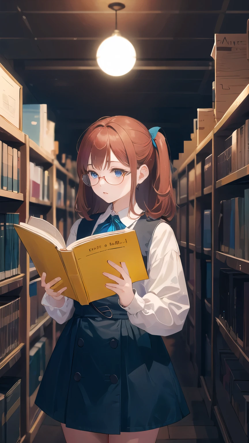 (masterpiece, ultra high resolution, highest quality:1.1), (flat color), 1 girl, alone, , cowboy shot, (Depth of the bounds written:1.2), ((glasses)),Reading a book in the library,