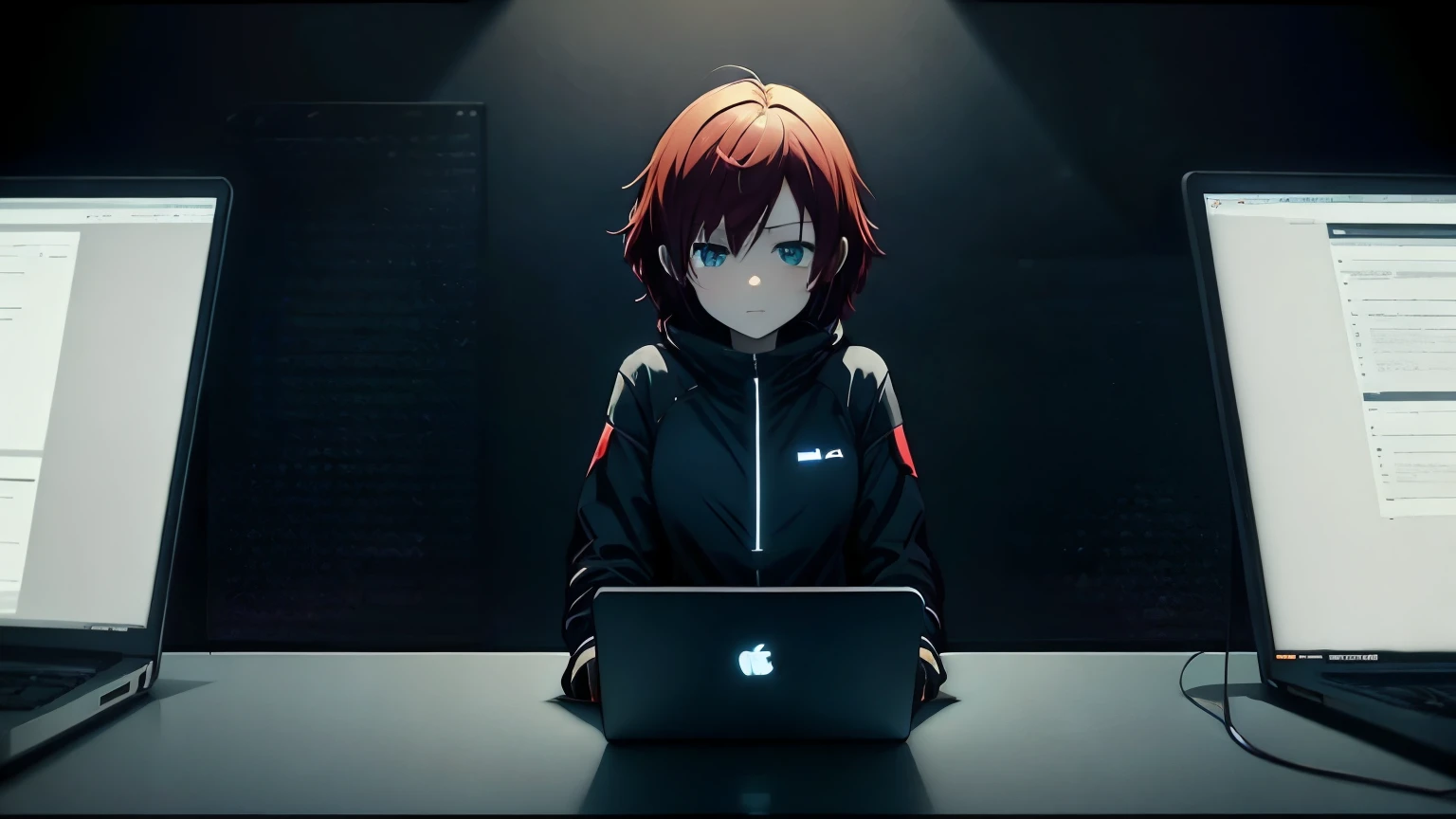 hacker anime girl working on a laptop, black background, dark room, low light, high quality, desktop background, wide angle, cute, perfect, short red hair, NEET, green eyes, happy, dim lighting, minimal color, black gradient border, minimalist, cutout, looking intense, developer, programmer, SUDO dark room, bedroom, very low light, cutout style, no drawing on the borders