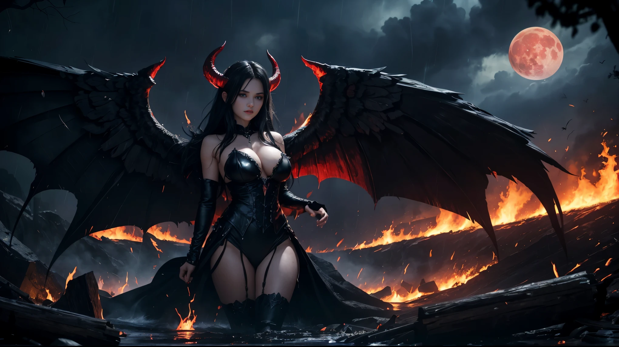Ultra-detailed French girl, 15 years ago, angel, Fallen angel, Black angel, big wings, Black feather, beautiful breasts, blue eyes, showing great cleavage, darkness, Evil creature, skull, Black thorn hair ornament, Blood red roses, Dark red clothing , Black Crown Her demon wings on her back and demon horn give her an invincible aura as she unleashes a powerful wave of destruction with a single gesture. Fire, flames, blood, red lightning, thunderstorm, waterfalls, river of blood, raining blood, blood Moon, dark night, naked body