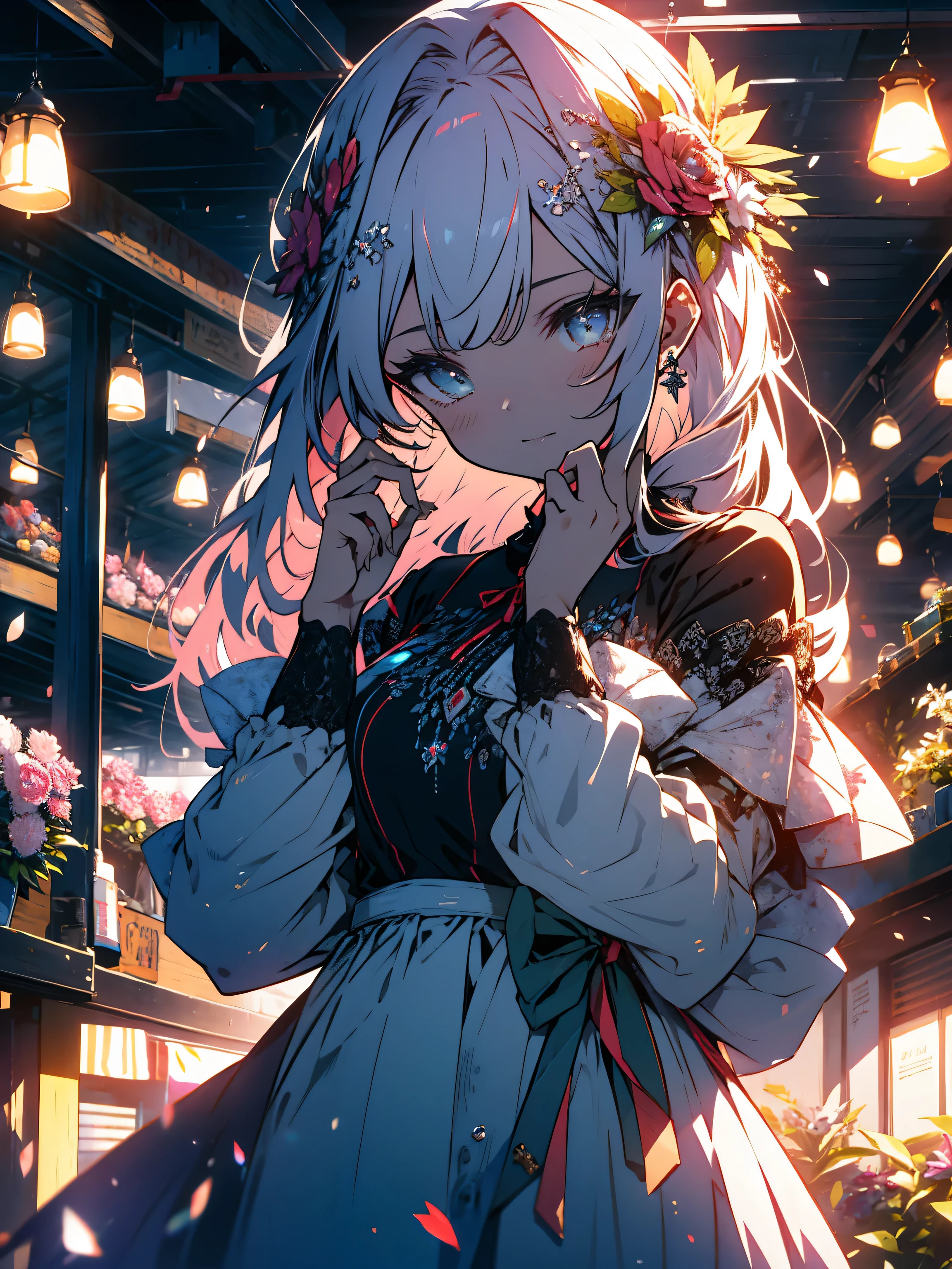 (very be familiar with anime、 8k wallpaper), lit, sea of flowers, flowers, (1 girl), (whole body),(off shoulder dress、A lot of floral decorations)、 K-POPアイドル,colorful colors、bright atmosphere、(beautiful anime)、cute、(highest quality、masterpiece、High resolution、be familiar with)、(shining eyes、be familiar with美しい顔)、Illuminated by bright sunlight