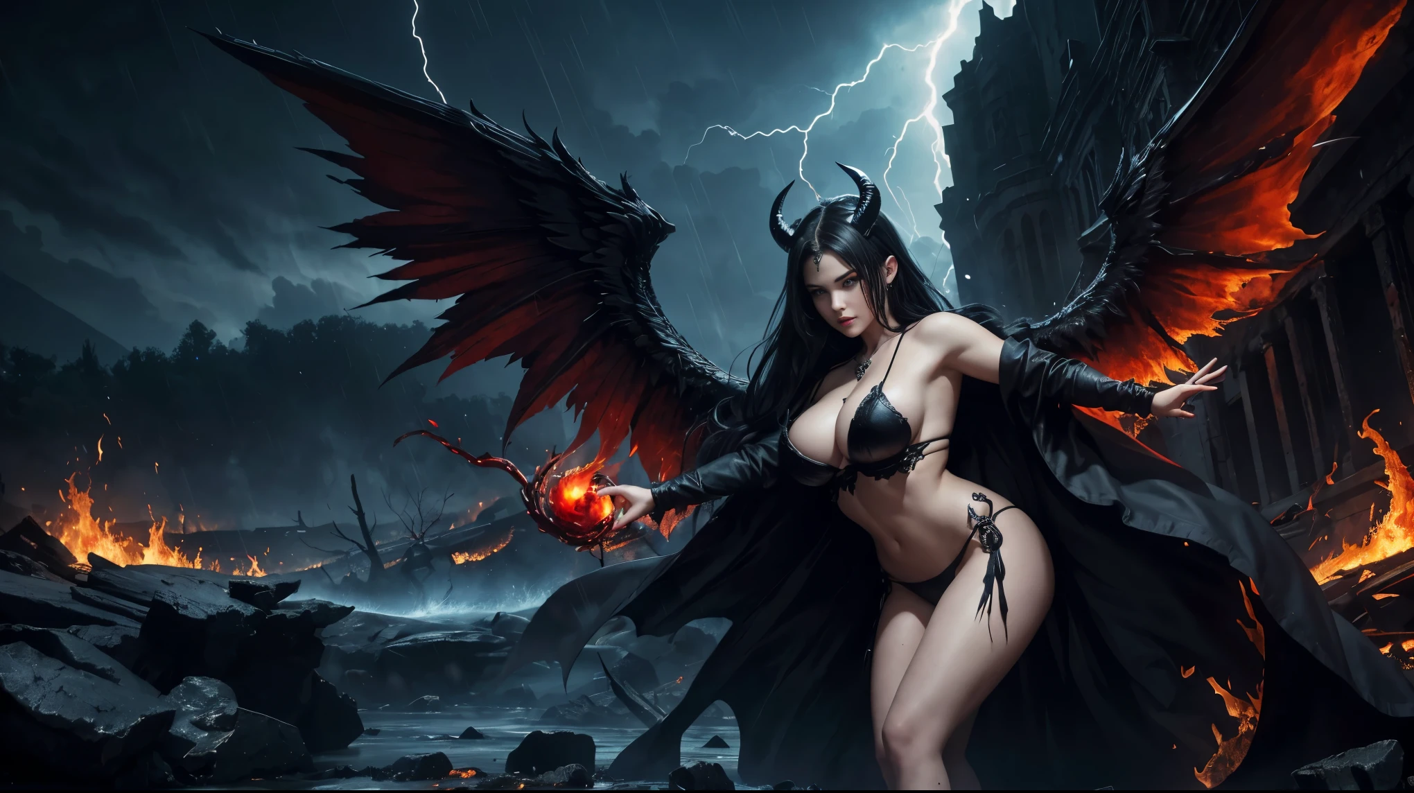 Ultra-detailed French girl, 15 years ago, angel, Fallen angel, Black angel, big wings, Black feather, beautiful breasts, blue eyes, showing great cleavage, darkness, Evil creature, skull, Black thorn hair ornament, Blood red roses, Dark red clothing , Black Crown Her demon wings on her back and demon horn give her an invincible aura as she unleashes a powerful wave of destruction with a single gesture. Fire, flames, blood, red lightning, thunderstorm, waterfalls, river of blood, raining blood, blood Moon, dark night, naked body
