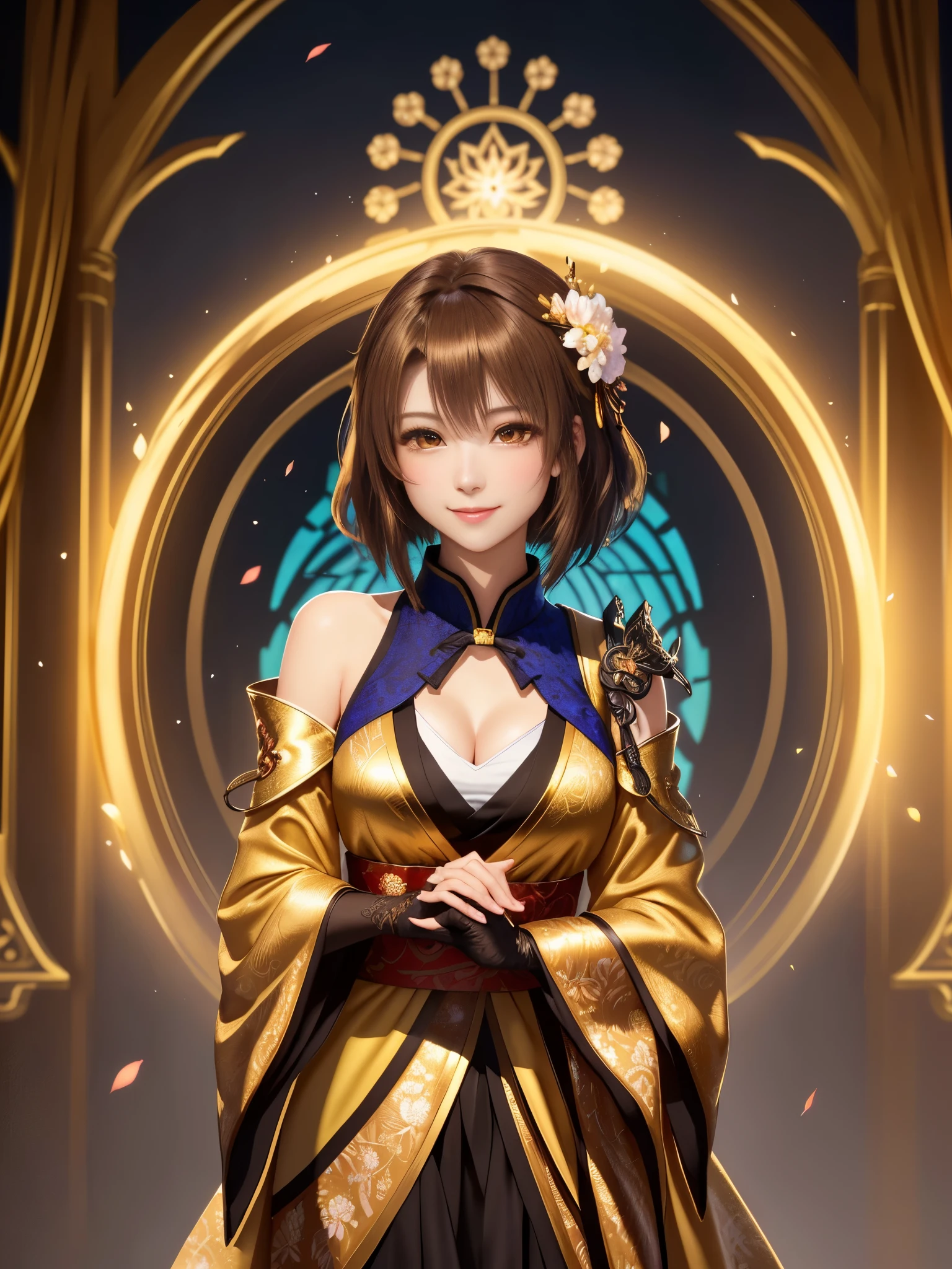 masterpiece , best quality,smile,smile,small face,shoulder exposure,golden kimono,less cleavage exposure,light brown hair,beautifully curled hair,slender body shape,brown eyes,Contrast faithfully reproduced,short hair,Beautiful short hair,Berry Short,short cut hair,just one person,precision quality,A faithful reproduction of the human eye, The surroundings are shining gold,golden aura around the body,golden shining background,masterpiece,night,nightの背景,golden background,cherry blossom background,beautiful details, colorful, delicate details, delicate lips, intricate details, genuine, ultrargenuineista, 枝に座っている色とりどりの髪のFoxを持つ女の子:Mature, bright eyes, ,色とりどりのFox, raposa de nine tails, 三尾Fox, 三尾Fox, onmyoji detail art, beautiful fine art illustration, mythical creatures, Fox, beautiful digital art,shrine maiden,hold hands,exquisite digital illustration, mizutsune, Inspired by mythical wild web creatures, pixiv in digital art, shining light, high contrast, Mysterious,