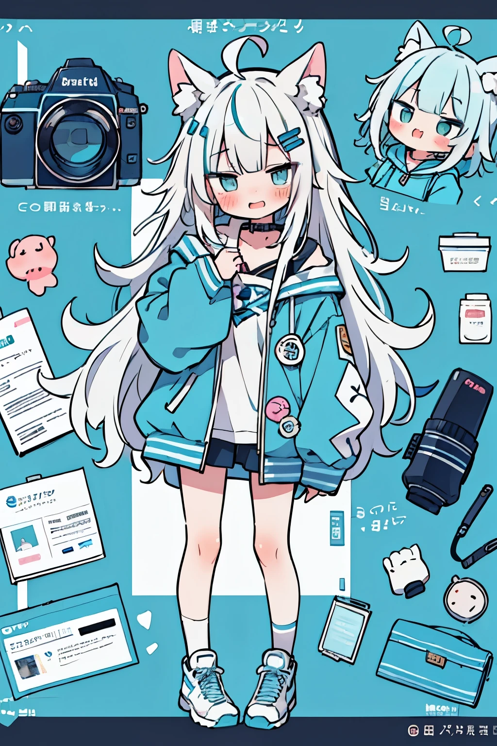 ((巨大1 girl)), ((masterpiece)), (highly saturated), From above, (High resolution:1.3), (professional photography:1.2), ( cinematic lighting), (flat body), (flat chest), Ahoge, messy hair, (blush, Very naughty laughing face), (super detailed), 1 girl, blue hoodie, exposed legs, full body,