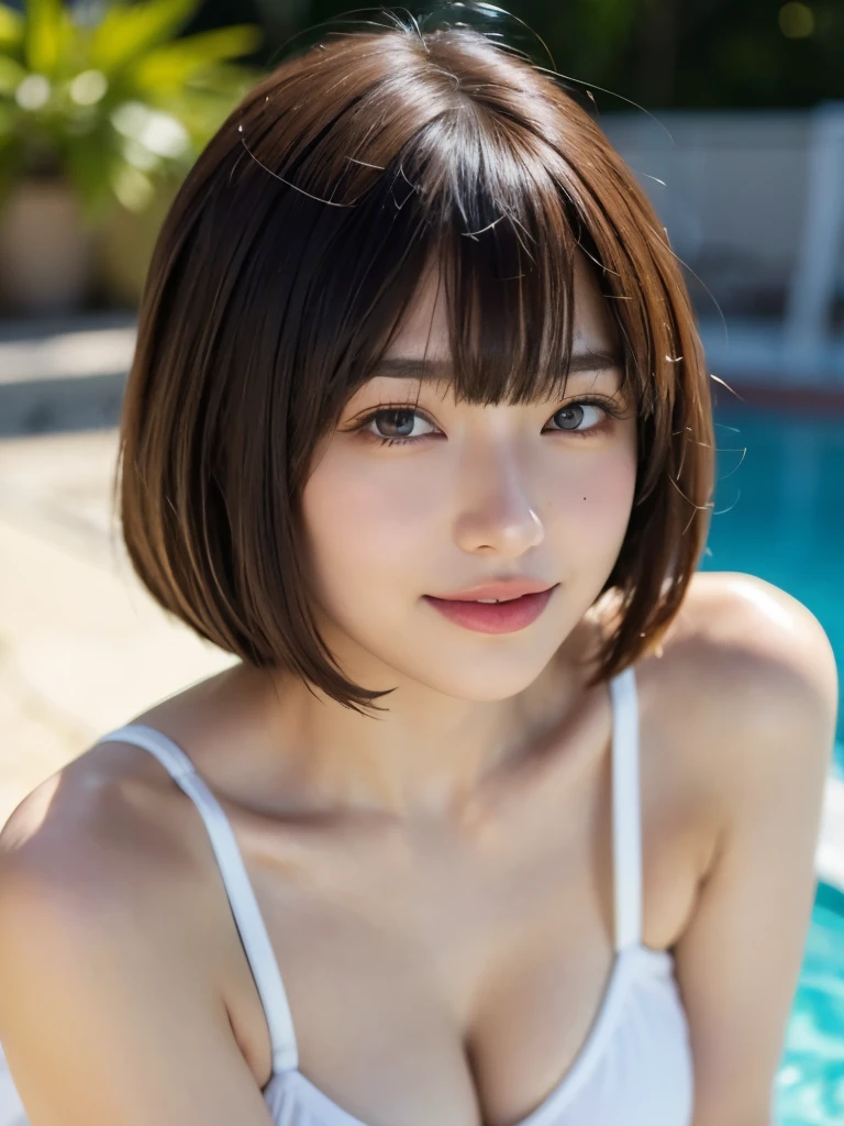 (masterpiece:1.2, highest quality), blur the background,Photographed with a camera with a wide-angle single focus lens,1 High school girl, (big breasts), cute swimwear, brown hair,bob cut hair,sexy pose,bright eyes,blushing face,Highly detailed face and skin texture, healthy skin,big smile, (tropical terrace),4K resolution