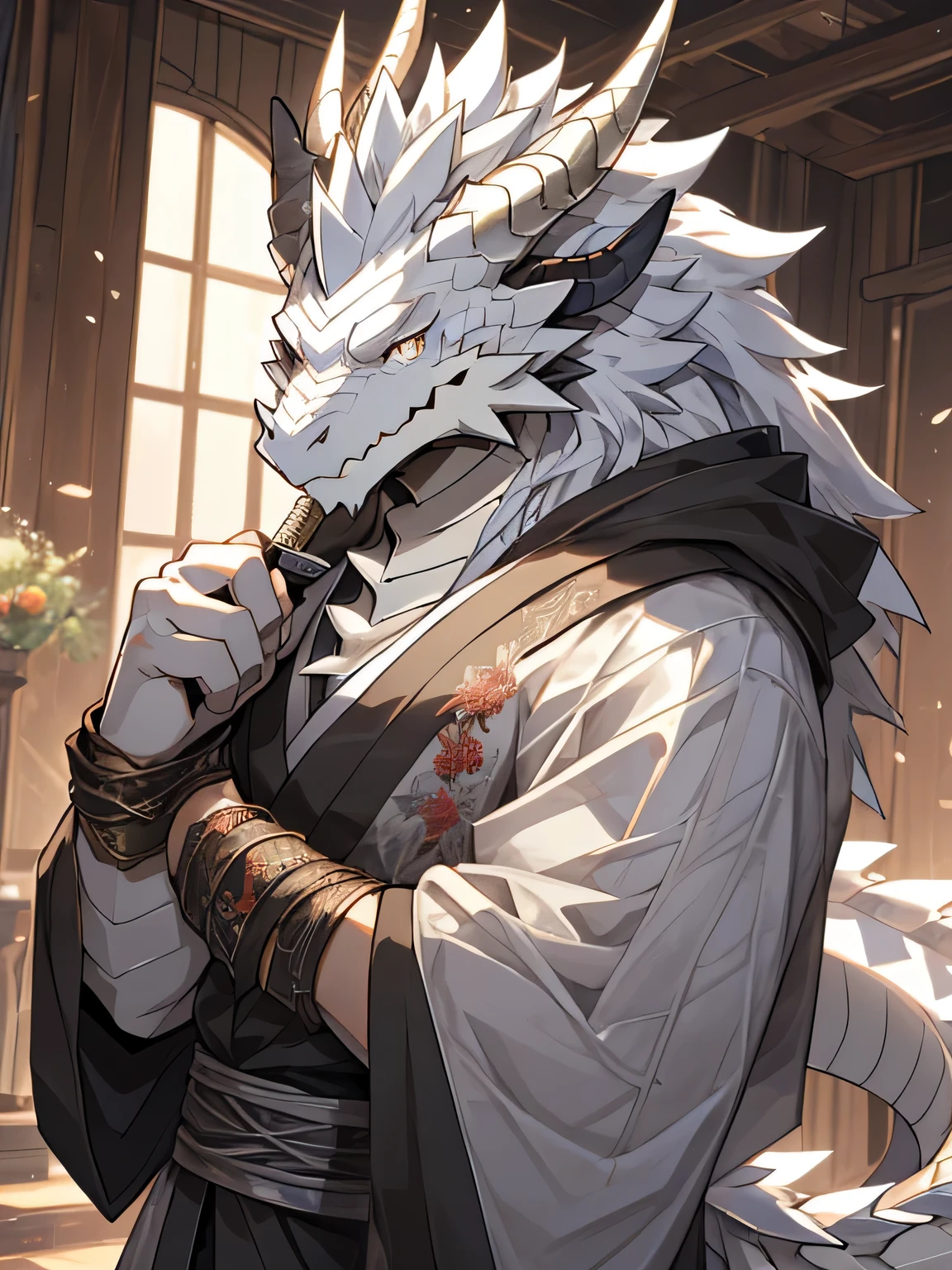 White Dragon Man:1.3, alone, vertical pupil,Eye, (elongated), Slim, (Eye anthro dragon):1.3, (The body has silvery white scales:1.4), white belly, (beast wild:1.4), There are silver scales all over the body , 细致的Eye, ((portrait)), , (细致的Eye, 蓝Eye, 明亮的Eye):1.1, on the bed，robe , The art of math, masterpiece, anime style，mane on neck: 3，silver horn:1.4，killer：2 ，holding knife in hand：2，Dangerous expressions：2