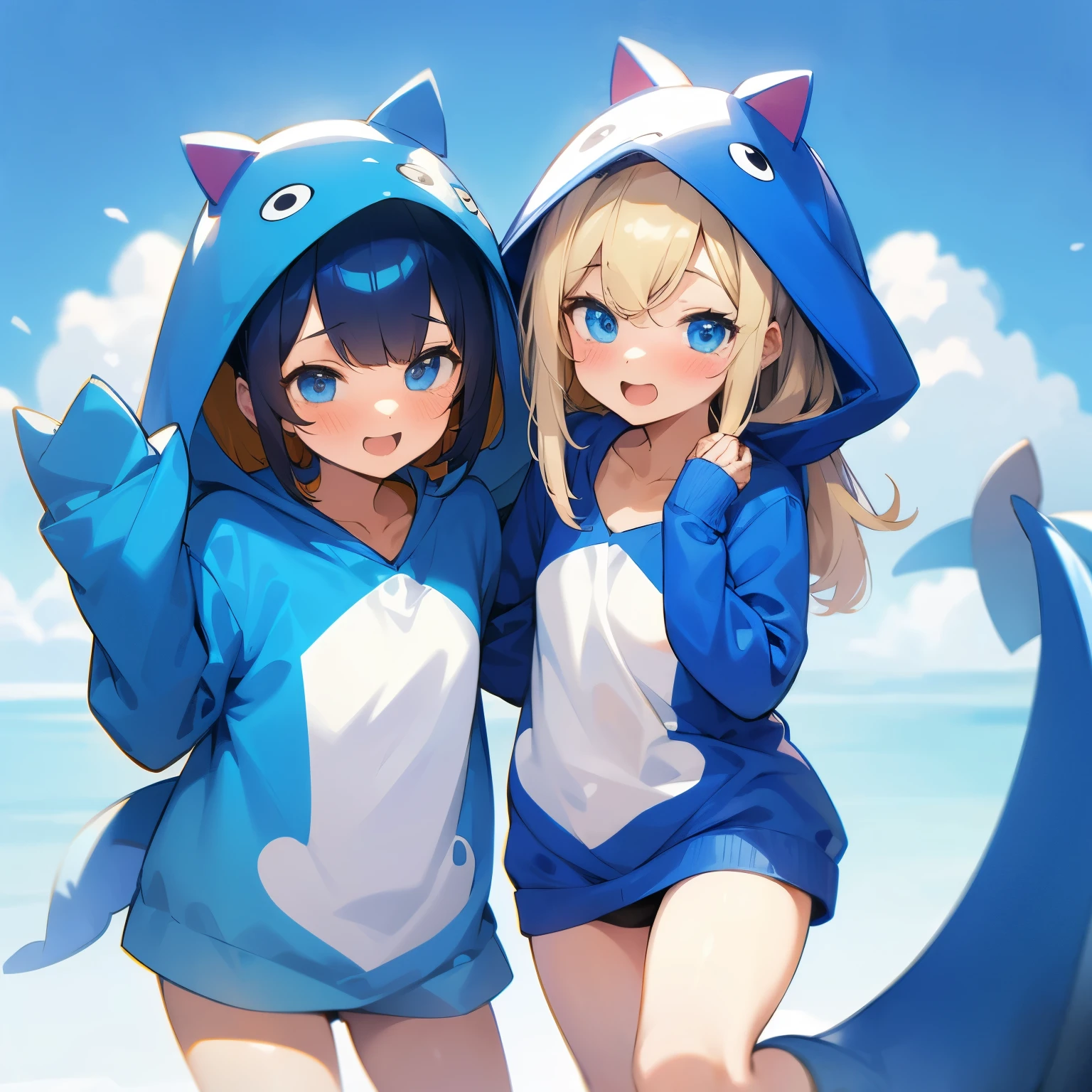 Cute couple wearing blue whale costumes