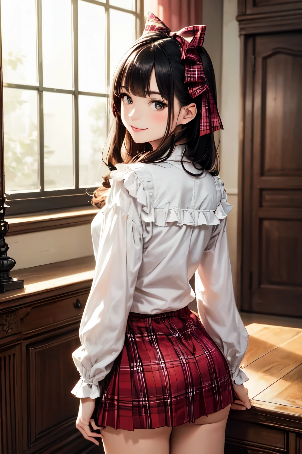 very cute and beautiful girl,(highly detailed beautiful face),(smile),blush,cowboy shot,
(white blouse with detailed frills),long sleeve BREAK
 standing,(from behind,looking back),leaning forward,white panties,looking at viewer,
hair ribbon,black hair,(scarlet plaid mini skirt:1.15)
 BREAK antique living room,victorian gorgeous furnitures,
(best quality,masterpiece),absurdres,highres,ultra-detailed,extremely detailed,32k,8k resolution,
intricate details,cinematic scene,detailed background,solo,dynamic angle,