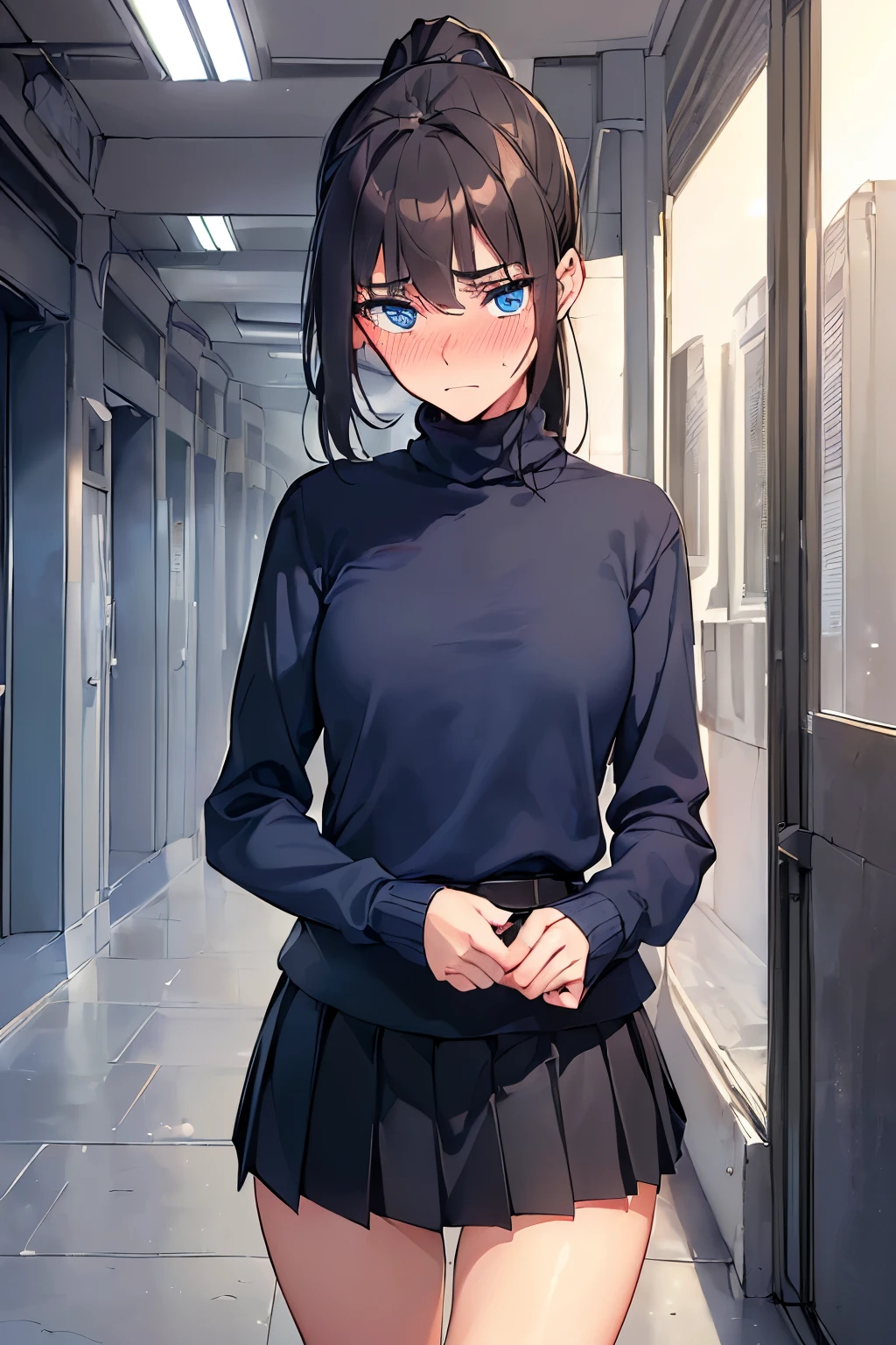 ((best quality)), ((masterpiece)), (detailed), (((perfect face))), ((slender teengirl walking)), (((wearing grey wool turtleneck pullover, dark blue pleated skirt))), ((brunette)), ((ponytail)), (((blue eyes))), ((shy:1.3)), ((blushing:1.5)), ((skinny thighs)), ((skinny hips)), (((girl looking away))), (((fancy stadium corridor))), (((shy arms)))