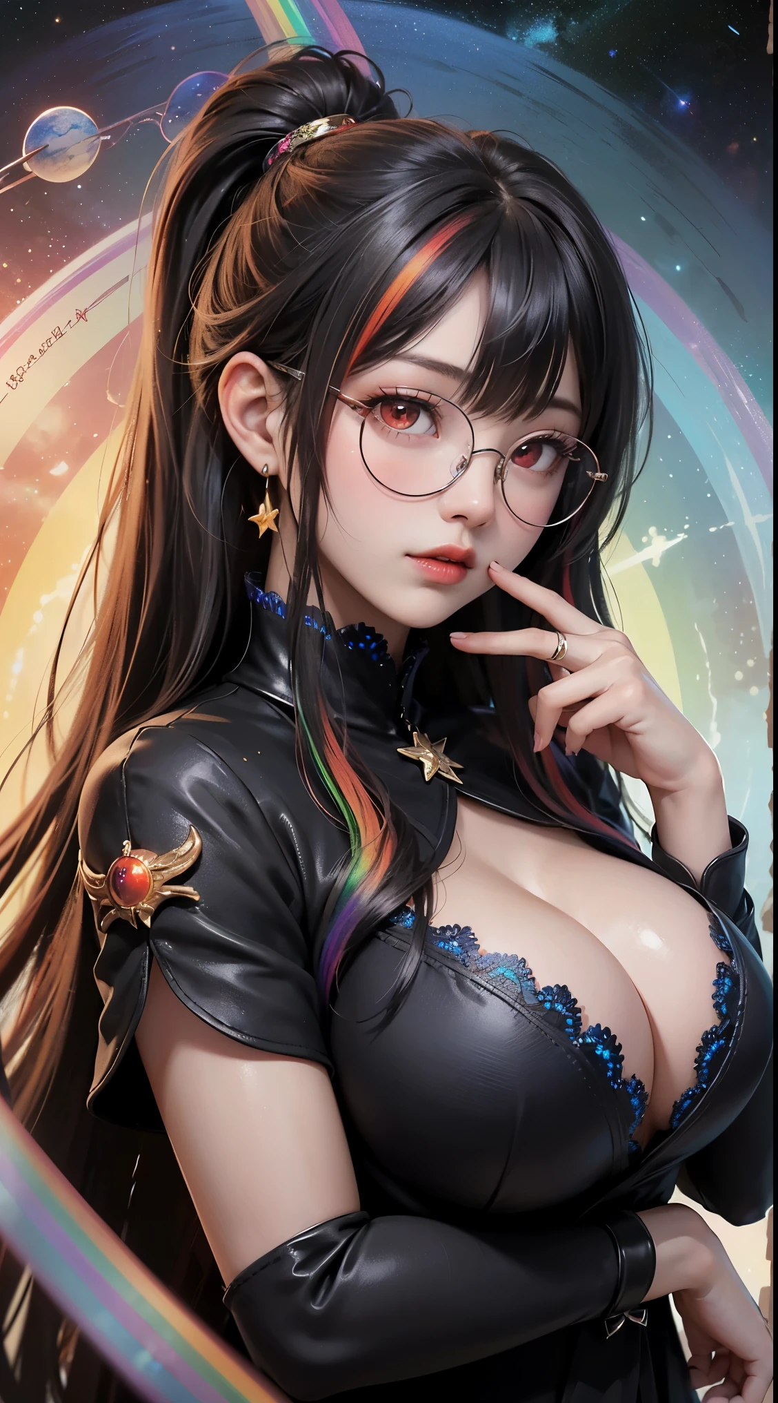 1名 27歳 woman, got it、(best illustrations)、8k UHD resolution、intricate details、最high quality、realistic、Super detailed、best lighting、best shadow、soft lighting、ultra hd、dungeon and Dragon、cave、dungeon、 necromancer、night、dark style、Succubus、devil&#39;Daughter of、bat wings，(((demon hornラック縁round glasses))))、(((big breasts)))、(devil&#39;Tail)、(red eyes shine:1.6)、masterpiece、beautiful features、Tyndall effect、realisticphotograph、(high detail skin:1.2)、8KUHD、Digital single-lens reflex camera、high quality、photograph、High resolution、 absurd、Ponytail distortion、Optimal ratio of 4 fingers and 1 thumb、1 girl、hair ornaments、真っ赤に輝くgemのネックレス、gem、beautiful expression、body up、big breasts emphasis、tight waist、wide ass、Tyndall effect、Photoreal、(high detail skin:1.2)、dark and mysterious version, lipstick red lips, thin and beautiful lips, Don&#39;don&#39;t laugh, please keep your mouth shut, Characters created by Karol Baku and Pino Denis, intricate details, detailed background, very detailed, magic of light, woman, cute face, ((((giant glasses, otaku glasses, thick glasses, round glasses))))、 looking at the Upper body of the goddess , round chest, big and round chest, phoenix hair brooch, long hair with bangs, (Long hair has seven colors like a rainbow:1.9), Beautifully detailed face and well-proportioned eyes, (clear red eyes: 1.8), Big round eyes and very beautiful and detailed makeup, Visionary, long silk nightgowns, mysterious makeup, ブresponseレット, I dyed my side bangs light yellow.., Upper body, (goddess Upper body: 1.8), hanging arms, リアルで鮮やかなphotograph, (stars that make up : 1.7), ( Sky and imaginary space-time portal: 1.8), fiction art, RAWphotograph,黒い着物のphotograph, 最高のphotograph , expensive_response, 最high quality, 最高のphotograph, 8K quality, 8k ultra , surrealism, 最も経済的な本物のphotograph, Artistic portrait of 12 signs, Symbol of one of the 12 signs on the back, 12 Single Portrait of the Goddess, 最もrealistic配色, 最高のphotograph color, masterpiece, hair ornaments, ネックresponse, jewelry, beautiful face, Upper body, Tyndall effect, photographのようにリアルな, Dark studio, border light, two tone light, (fine skin) expensive: 1.2), 8k UHD, Digital single-lens reflex camera, soft light, expensive quality, volume light, Frank, photograph, expensive responseolution, 4K quality, 8k, Bokeh, smooth and sharp, 10x more pixels, Charming goddess, sexy goddess, (background space: 1.8), (milky way: 1.7), aurora, lightning, (auroraの背景: 1.8) <roller:crazy_perfect eyes_v1_from_v1_, beautiful goddess and flowers, (((demon horn))))、(((bat wings))))、