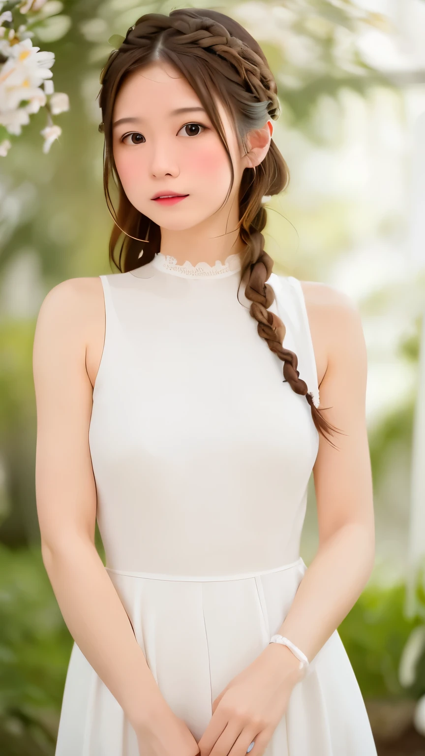 realistic, High resolution, soft light,1 female, １６Year、small breasts、Japanese、alone, waist rises higher, glowing skin, (detailed face),jewelry, brown hair,french braid、white_dress、お洒落なdress、flower garden,(dynamic angle:1.1),wonderful,Soft and warm color palette, delicate brushstrokes, Targeted use of light and shadow, wide shot,The deliciousness of wilted flowers,high contrast,color contrast,Masseter muscle part:1.3