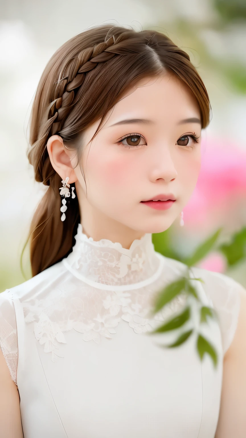 realistic, High resolution, soft light,1 female, １６Year、small breasts、Japanese、alone, waist rises higher, glowing skin, (detailed face),jewelry, brown hair,french braid、white_dress、お洒落なdress、flower garden,(dynamic angle:1.1),wonderful,Soft and warm color palette, delicate brushstrokes, Targeted use of light and shadow, wide shot,The deliciousness of wilted flowers,high contrast,color contrast,Masseter muscle part:1.3