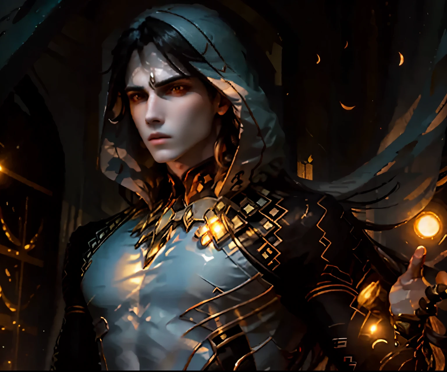 masterpiece, highest quality, (solo focus), (perfect face:1.1), (high detail:1.1),dramatic, 1guy, (pale skin), long black hair, yellow eyes, [light eyebrows], solo, long hair, moon, night, white luxury suit, covered navel, pouty lips, covered, futuristic city, detailed background, art by artgerm and greg rutkowski, cinematic lighting, roses, fashion, BalenciagaStyle