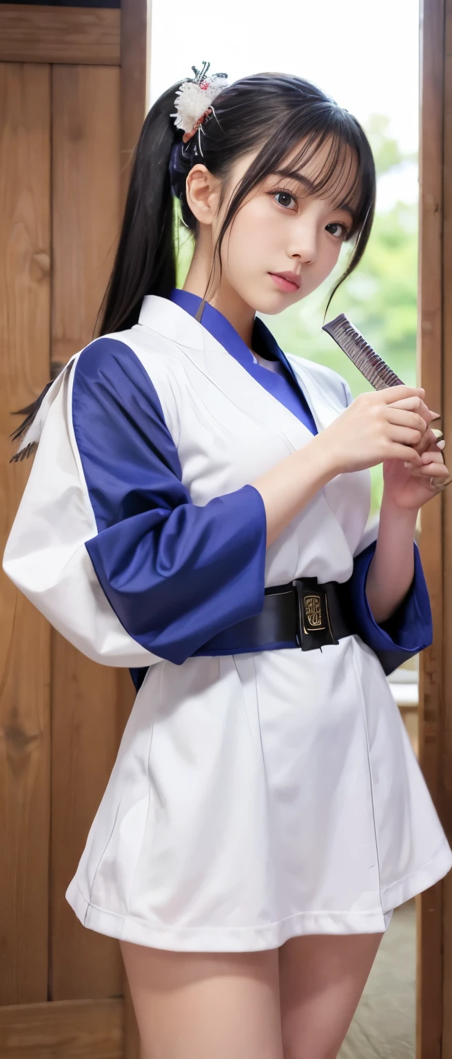 cool samurai girl、whole body、good style、、、、、、、White Track Jacket、handsome face、、blue armor mini dress、Coolly holding a sword、samurai town