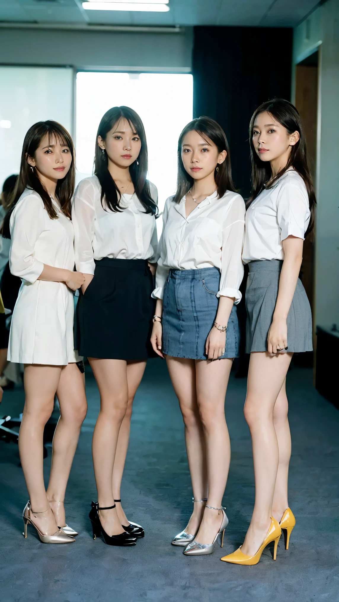 (highest quality, masterpiece, realistic, Super detailed, ultra high resolution, to be born:1.3), (3 girls:1.5), beautiful, Japanese, mature, 28yo, office workers, (tight knit, short skirt、I can see your pants), ({money| Silver| wine-red| navy| pink| yellow green| violet| sky blue} Clothes), (smile), (bangs), high waist, necklace, (office, indoor, glass room), (long legs, high heels, full body:1.2), (Medium chest:1.3), (crowd)