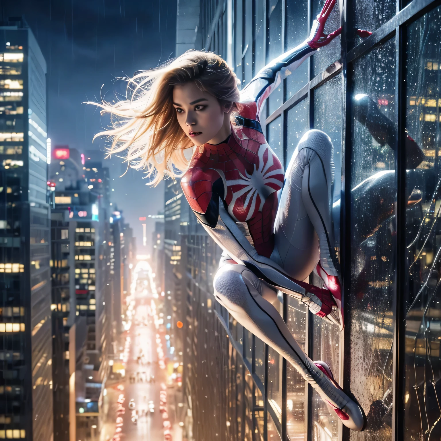 A cinematic photography real image of Spider-woman wearing white and pink suit , with detailed textures and lighting, scaling the side of a glass building with agility and precision , with the addition of blonde hair flowing and a beautifully detailed face, enhancing the character's aesthetic appeal amidst an urban backdrop. (( during night with rain and beuatiful city light ))