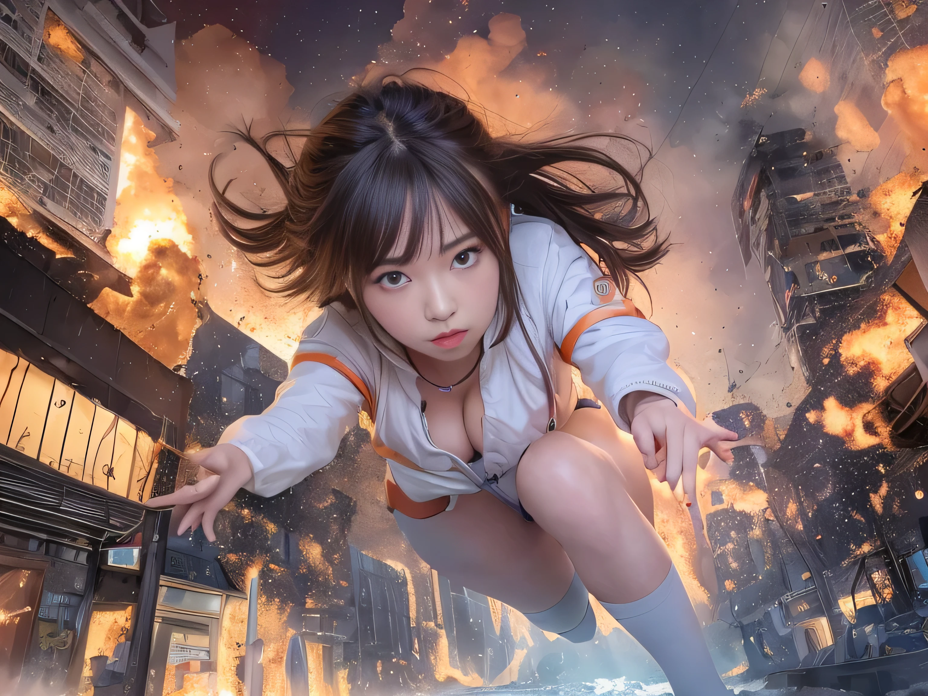(((RAW image quality:1.4))), best image quality, movie lighting, octane rendering, super sharp, 1 girl, Japanese, troubled face, glowing skin, brown hair, short hair, Futuristic pilot suit, white down jacket, cleavage, intricate details, run away, (Running at full speed:1.4), Breaking through the glass, flying glass shards, cyber punk, Night sky with countless stars shining, shining milky way, heavy rain:1.3, Remains, laser beam attack, (((A big explosion behind me:1.3))), pillar of fire:1.2, (((a city engulfed in flames:1.4))), city of ruins, wet skin:1.2, puddle, fine eyes, Fine skin texture, camel toe, Detailed CG image quality, (Photo taken with an 8mm wide-angle lens), Angle looking up from below:1.2, (full body angle), My whole body is soaked wet, The shutter speed is fast, biologically correct,