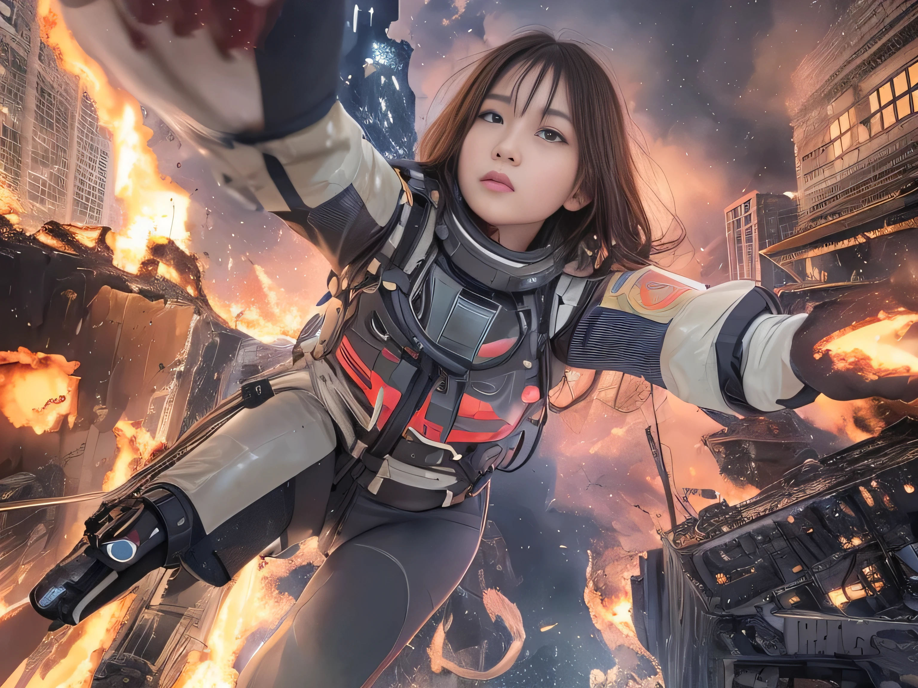 (((RAW image quality:1.4))), best image quality, movie lighting, octane rendering, super sharp, 1 girl, Japanese, troubled face, glowing skin, brown hair, short hair, Futuristic pilot suit, white down jacket, cleavage, intricate details, run away, (Running at full speed:1.4), Breaking through the glass, flying glass shards, cyber punk, Night sky with countless stars shining, shining milky way, heavy rain:1.3, Remains, laser beam attack, (((A big explosion behind me:1.3))), pillar of fire:1.2, (((a city engulfed in flames:1.4))), city of ruins, wet skin:1.2, puddle, fine eyes, Fine skin texture, camel toe, Detailed CG image quality, (Photo taken with an 8mm wide-angle lens), Angle looking up from below:1.2, (full body angle), My whole body is soaked wet, The shutter speed is fast, biologically correct,