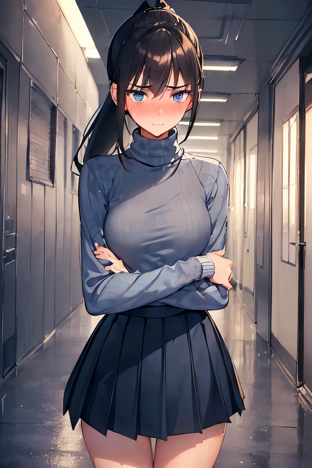 ((best quality)), ((masterpiece)), (detailed), (((perfect face))), ((slender 16yo teenage girl walking)), (((wearing light grey turtleneck pullover, dark blue pleated skirt))), ((brunette)), ((ponytail)), (((blue eyes))), ((shy:1.3)), ((blushing:1.5)), ((skinny thighs)), ((skinny hips)), (((girl looking away))), (((fancy corridor))), (((shy arms))), (((bare legs))), (((bare thighs)))