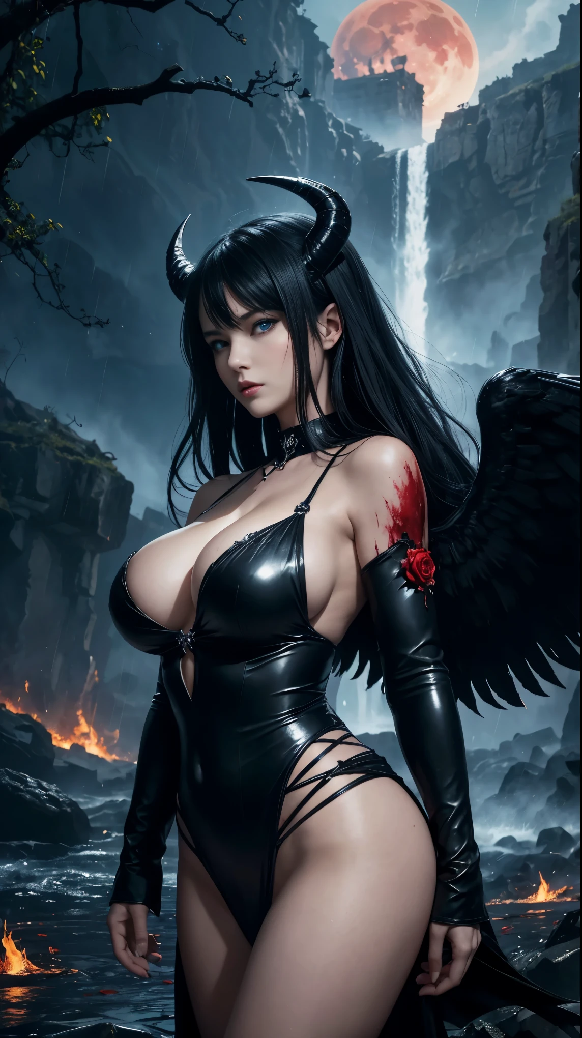 Ultra-detailed French girl,  ago, angel, Fallen angel, Black angel, big wings, Black feather, beautiful breasts, blue eyes, showing great cleavage, darkness, Evil creature, skull, Black thorn hair ornament, Blood red roses, Dark red clothing  , Black Crown Her demon wings on her back and demon horn give her an invincible aura as she unleashes a powerful wave of destruction with a single gesture. Fire, flames, blood, red lightning, thunderstorm, waterfalls, river of blood, raining blood, blood Moon, dark night, naked body