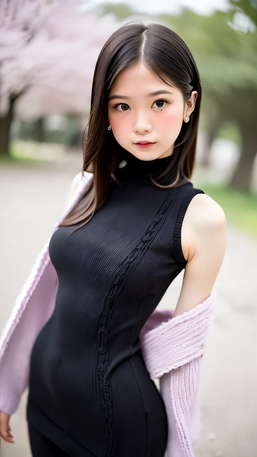 one girl、Characteristic hairstyle、random hair color、(((An ennui look)))、small eyes、plump lips、(((１６talent)))、(knit dress、black tight dress:1.5)、outdoor、midsummer sunshine、summer park、cherry blossoms、Someiyoshino cherry blossoms、highest quality、ultra high resolution、Super detailed、masterpiece:1.5、８ｋ、Movie section、perfect anatomy、cinematic lighting、50ｍｍPhotographed with a lens、professional photographer、