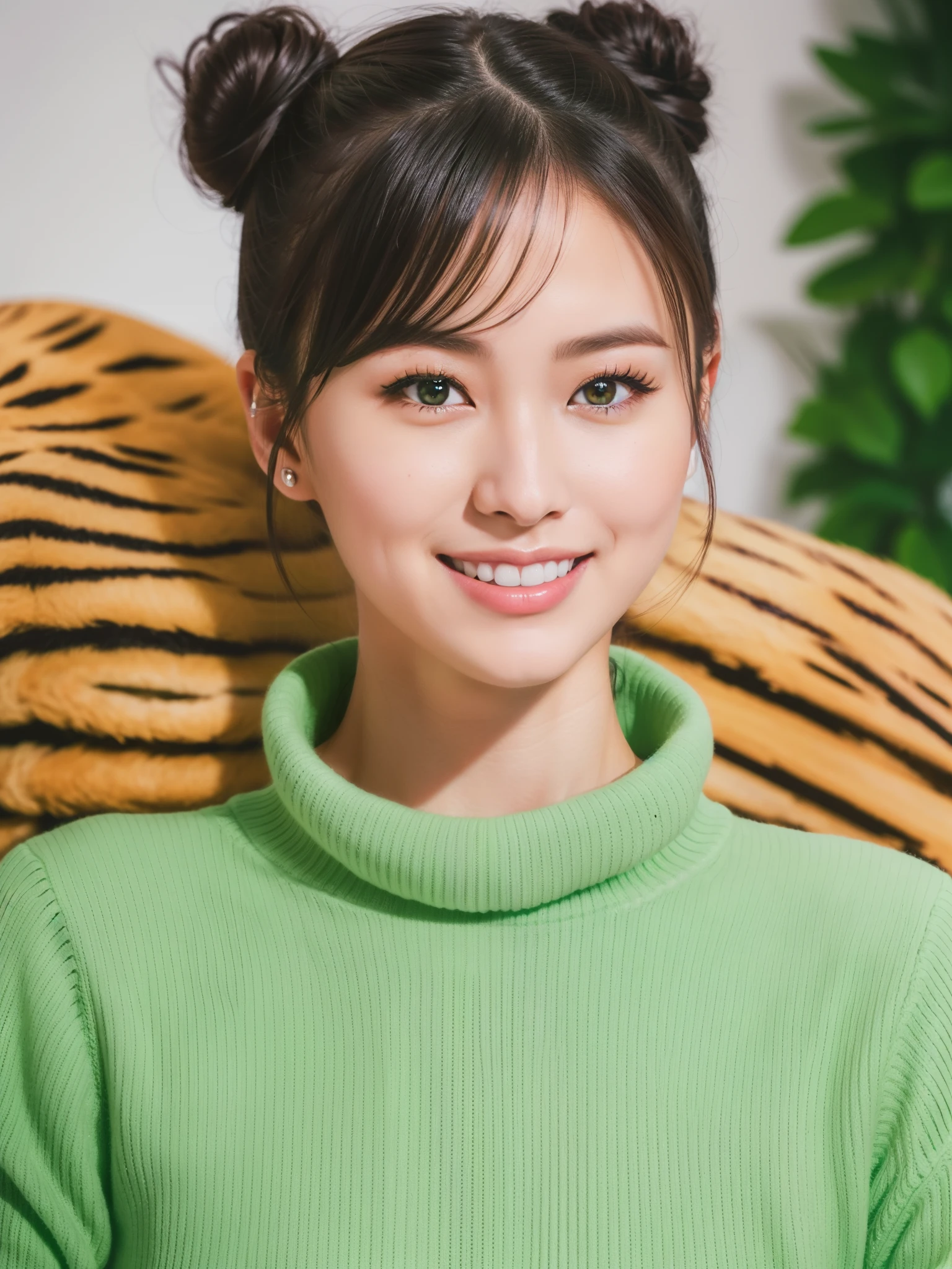 Beautiful 30-year-old woman with bun hair,Light green sweetheart neck sweater,Small round collar white shirt,(((Cute tiger teeth))),look at me and smile, close-up photo, Photos taken with Canon EOS R5 DSLR camera, Light, Super real photos, intricate details, Her face is very delicate