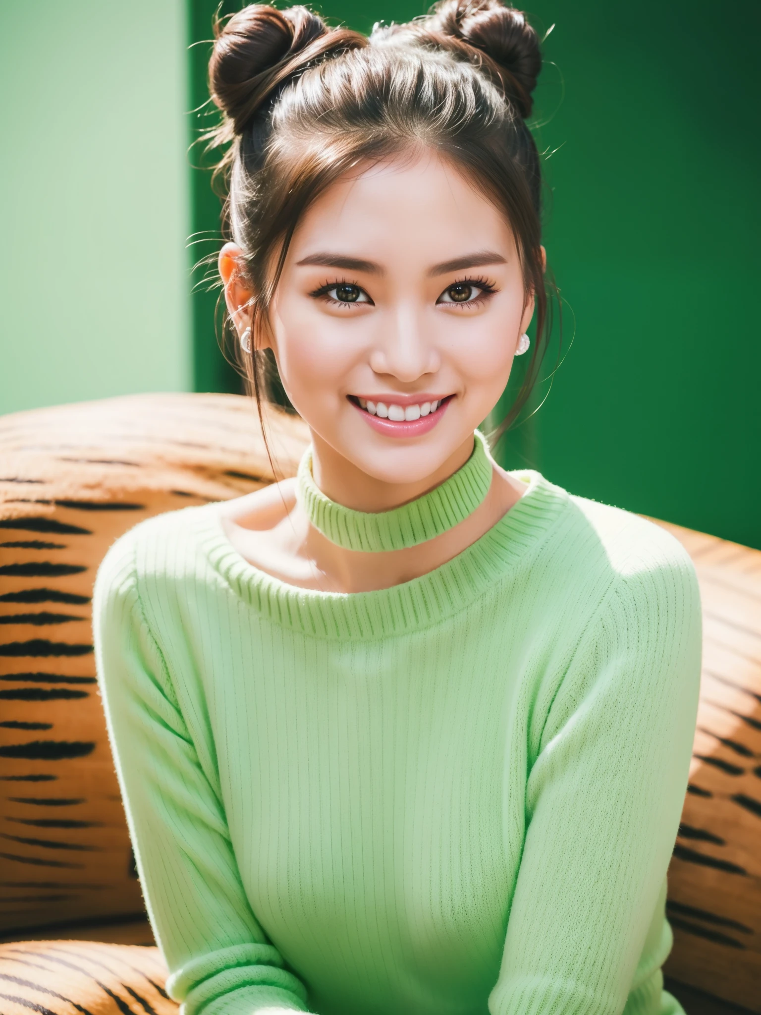 Beautiful 30-year-old woman with bun hair，Light green sweetheart neck sweater，Small round collar white shirt，（（（Cute tiger teeth））），look at me and smile, close-up photo, Photos taken with Canon EOS R5 DSLR camera, Light, Super real photos, intricate details, Her face is very delicate