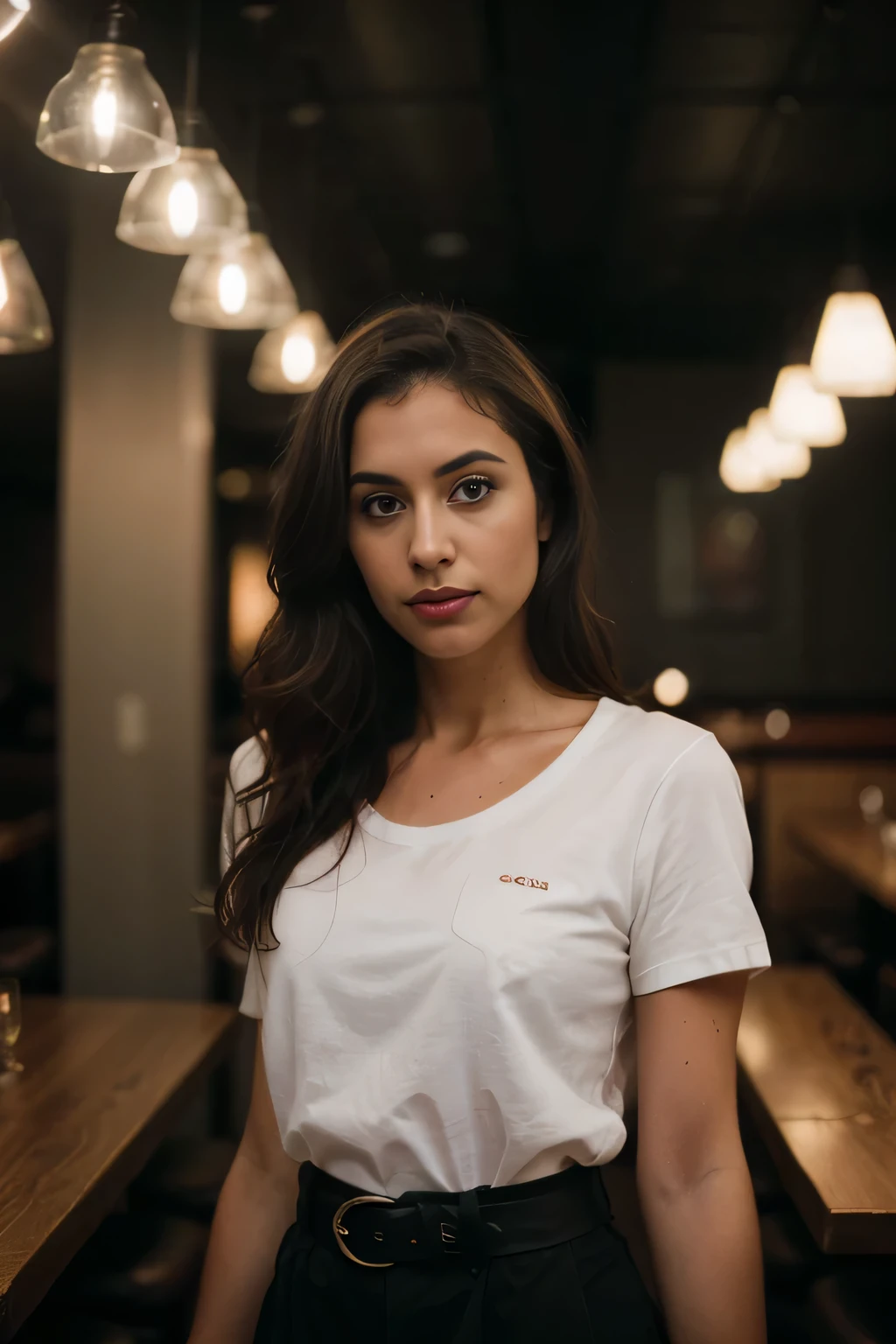 beautiful woman, straight blonde hair, wearing a white t-shirt without print, wearing leather belt, (((front view)), (inside a modern restaurant at night), violet myers, very detailed, 30 years, natural wave hair, blue eyes, high-res, masterpiece, best quality, intricate details, highly detailed, sharp focus, detailed skin, realistic skin texture, texture, detailed eyes, professional, 4k, Canon shooting, 85mm, shallow depth of field, kodak color vision, perfect fit body, extremely detailed, photo_\(ultra\), photorealistic, realistic, post-processing, maximum detail, roughness, real life, ultra realistic, photorealism, photography, 8k uhd, photography (grain of film) medium shot for closeup shot atmospheric dark lighting