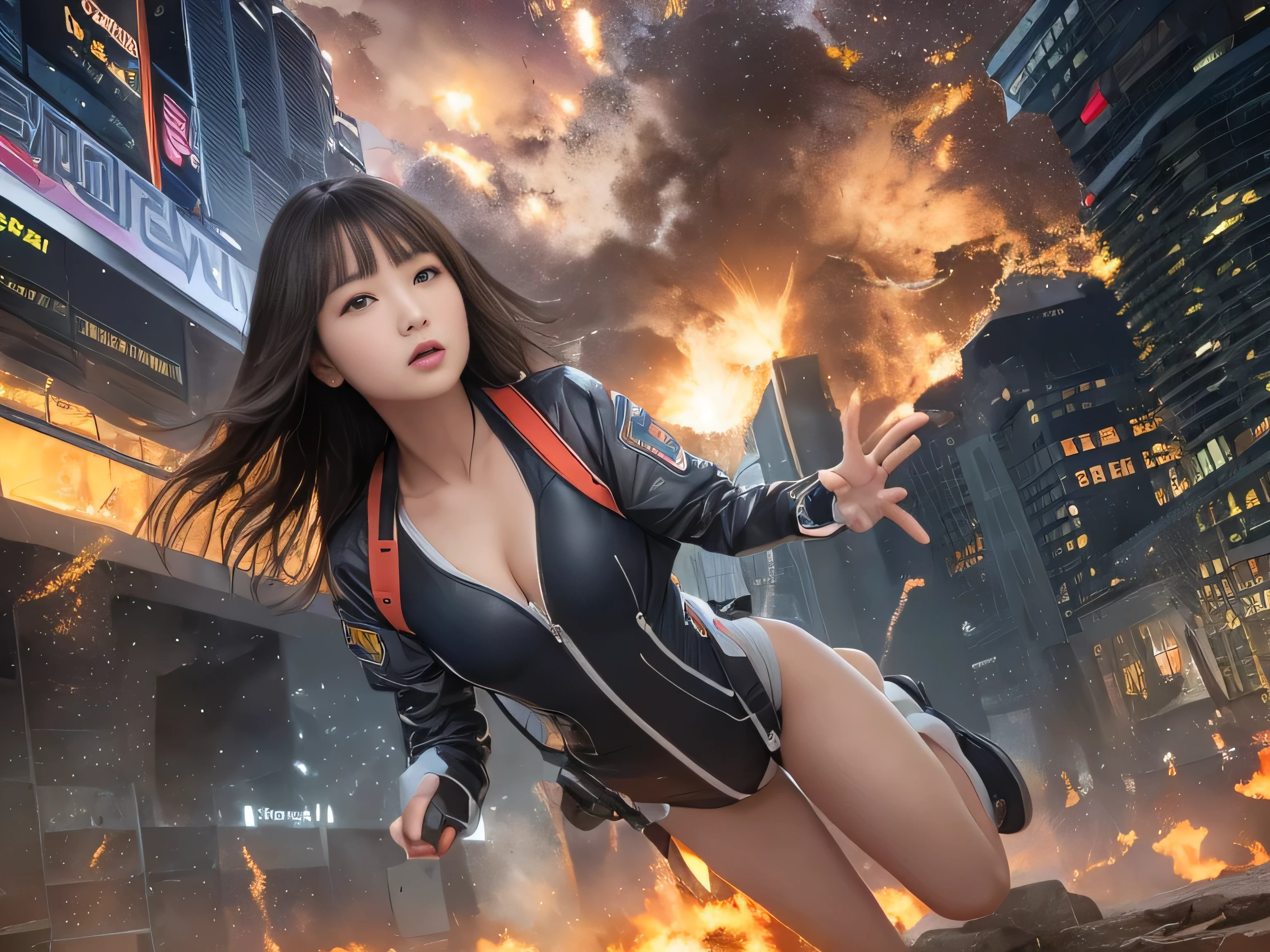 (((RAW image quality:1.4))), best image quality, movie lighting, octane rendering, super sharp, 1 girl, Japanese, troubled face, glowing skin, brown hair, short hair, Futuristic pilot suit, white down jacket, cleavage, intricate details, run away, (Running at full speed:1.4), Breaking through the glass, flying glass shards, cyber punk, Night sky with countless stars shining, shining milky way, heavy rain:1.3, Remains, laser beam attack, (((A big explosion behind me:1.3))), pillar of fire:1.2, (((a city engulfed in flames:1.4))), city of ruins, wet skin:1.2, puddle, fine eyes, Fine skin texture, camel toe, Detailed CG image quality, (Photo taken with an 8mm wide-angle lens), Angle looking up from below:1.2, (full body angle), My whole body is soaked wet, The shutter speed is fast, biologically correct,