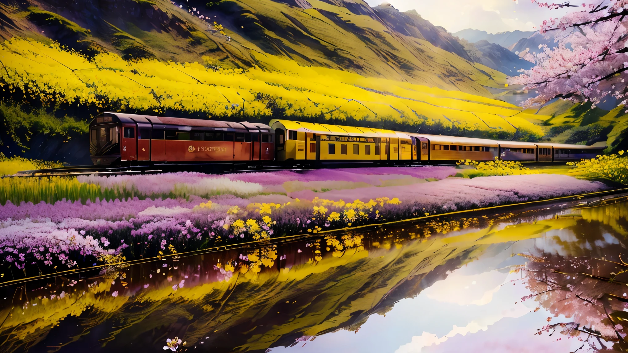 (best quality, 4K, High resolution, masterpiece: 1.2), (((The train runs near rapeseed flowers and cherry blossoms, The scenery reflected in the rice fields)))、soft natural light, The beauty of reflected light、The scenery is reflected in a mirror, , touching, bright colors, Warm and inviting color palette, Blades of grass swaying in the breeze, Peace、Calm environment.
