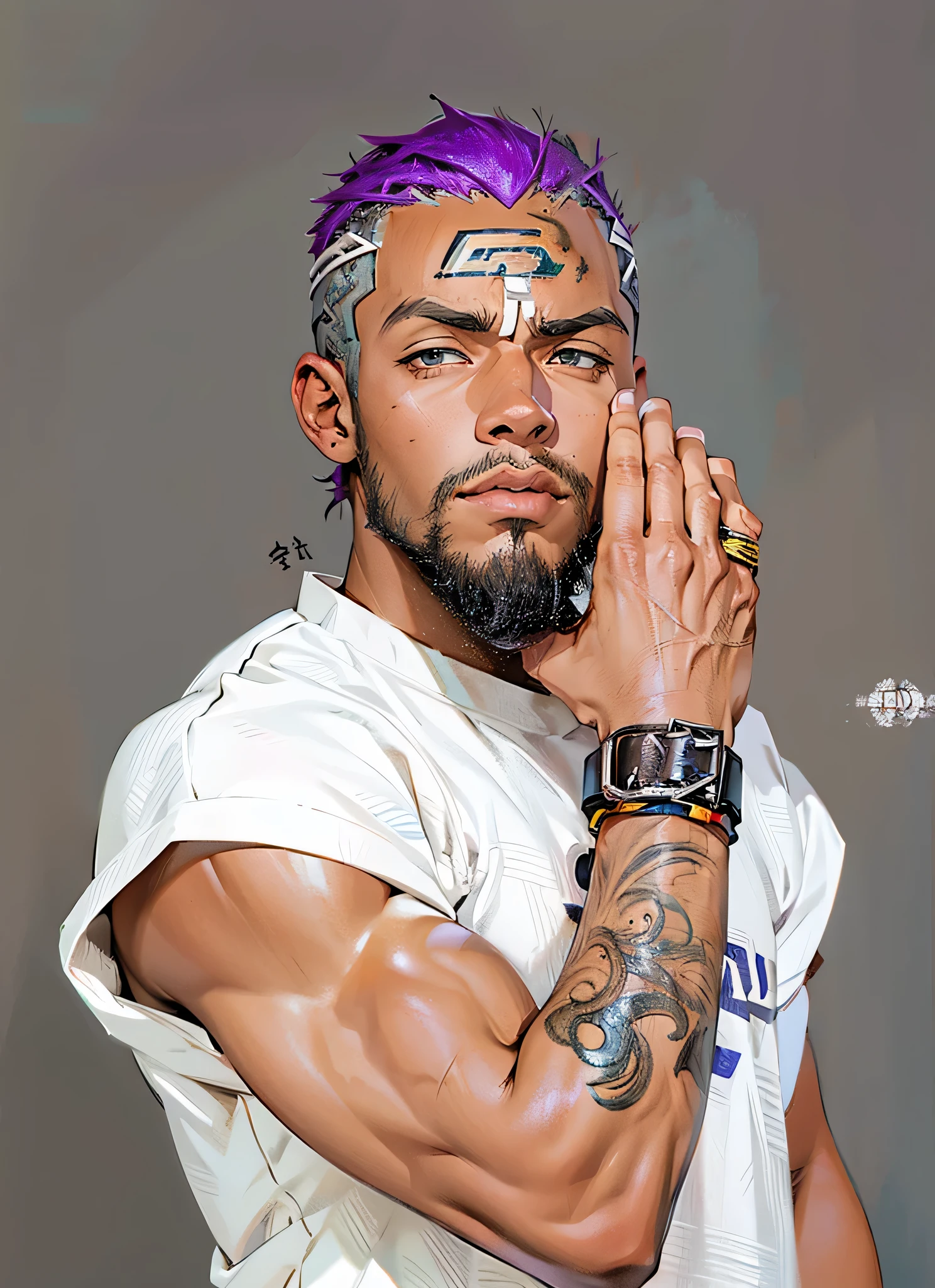 gere um anime estilo naruto, homem negro com cabelo curto de cor roxo, estilo anime